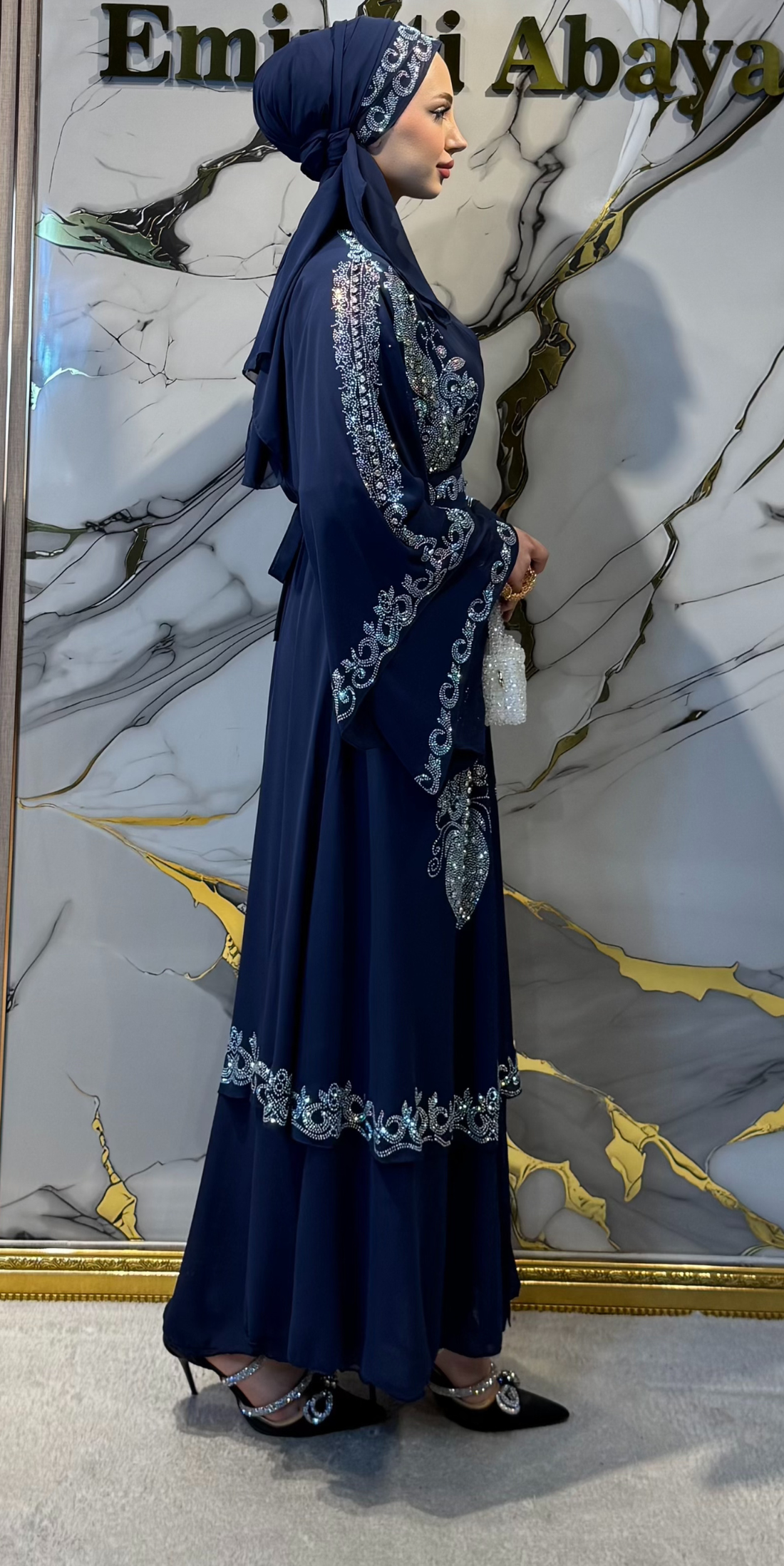 JanJan Taşlı İki Katlı Lacivert Şifon Takım | Şal ve Kemer Dahil | LY14 JSL