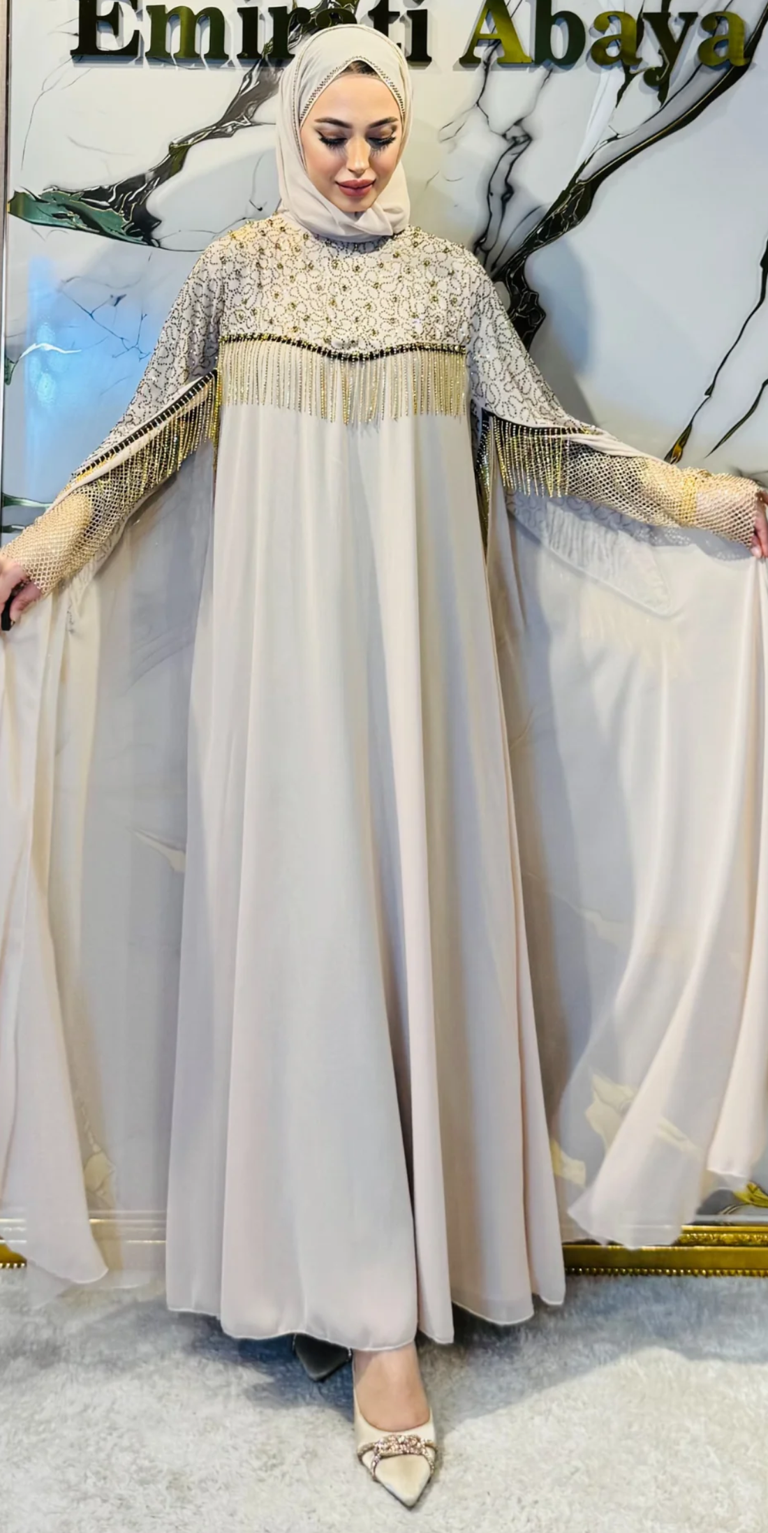 Krem Şifon Gold Taşlı Uzun Kollu Abaya WS56 GSKREM