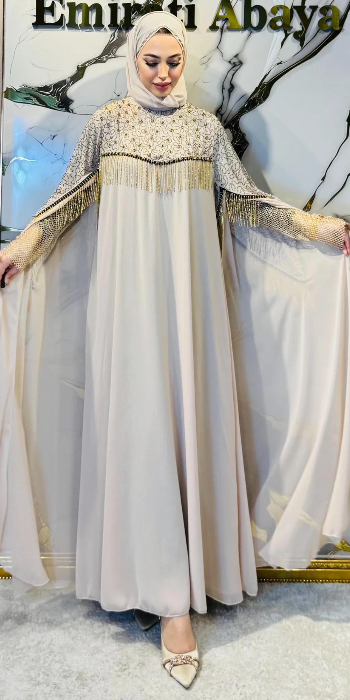 Krem Şifon Gold Taşlı Uzun Kollu Abaya WS56 GSKREM