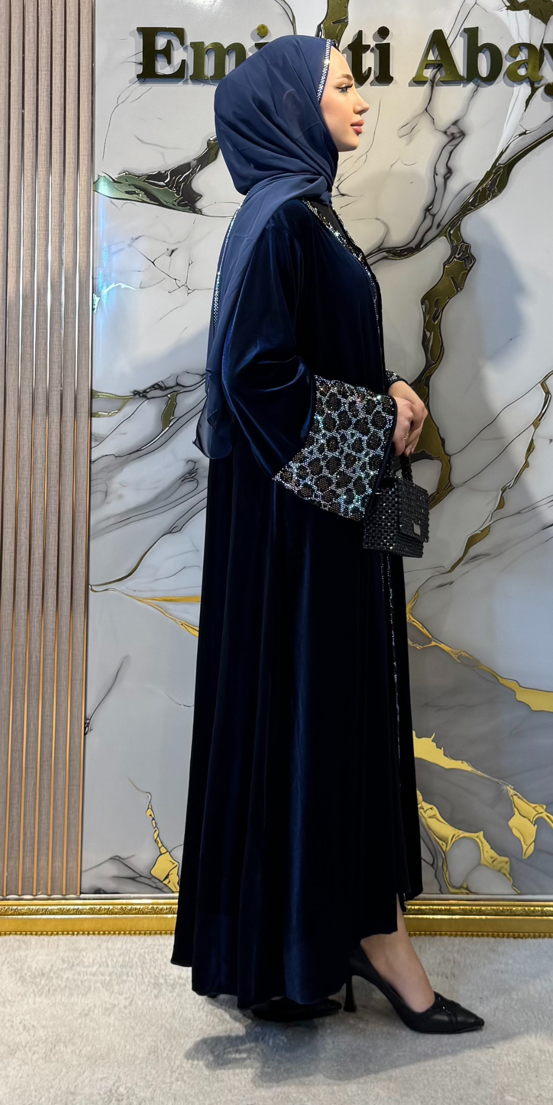 Navy Blue Velvet Abaya with Stone Embellished Leopard Print TM78 LGSLV