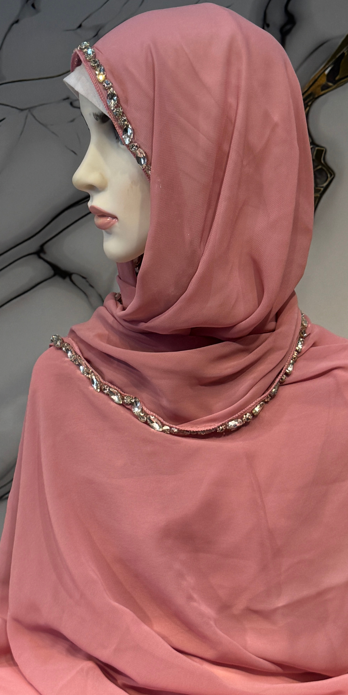 Beyaz Taşlı Pembe Şifon Şal Emirati Abaya | ŞAL56 WSP