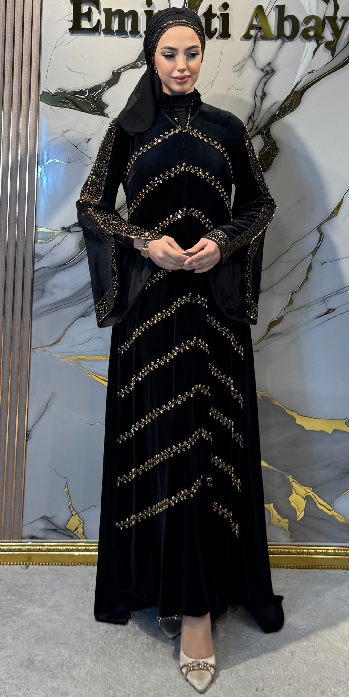 Black Velvet Dubai Style Evening Gown with Gold Swarovski and Faux Stones | WS15 GSVB