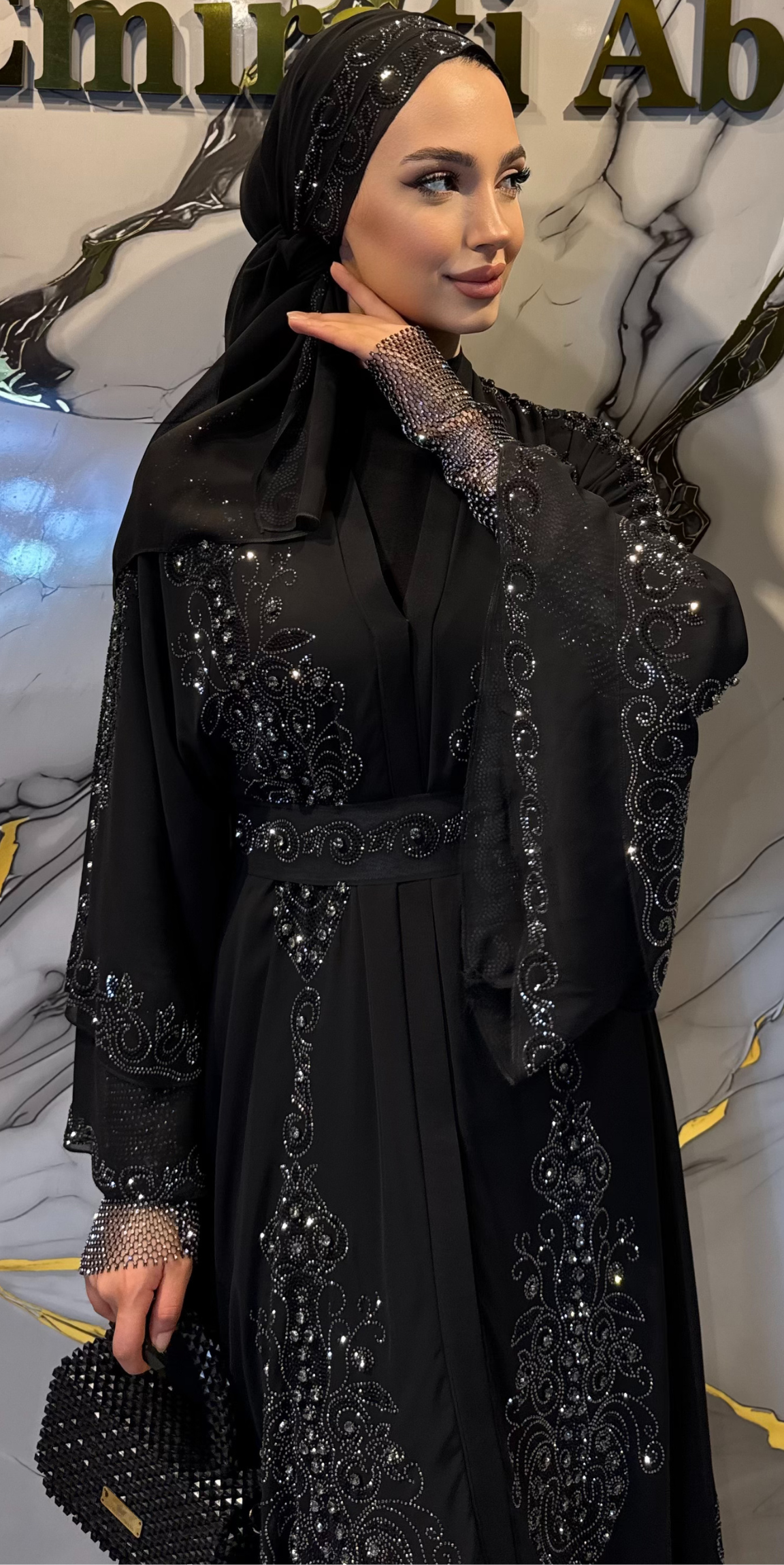 Lüks Çift Katlı Şifon Hematit Taş İşlemeli Abaya LY14 HSB