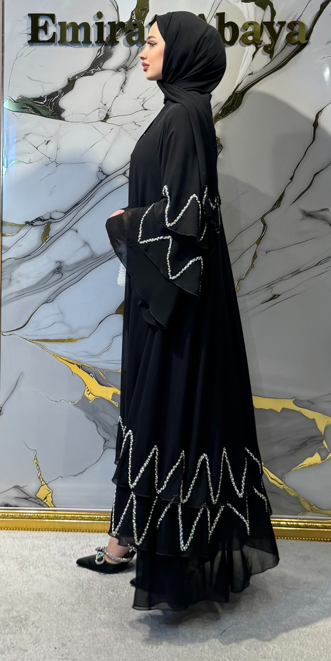 El İşlemesi Beyaz Kristal Taşlı Siyah Şifon Abaya M1 DWSB - Lüks Zarif Model