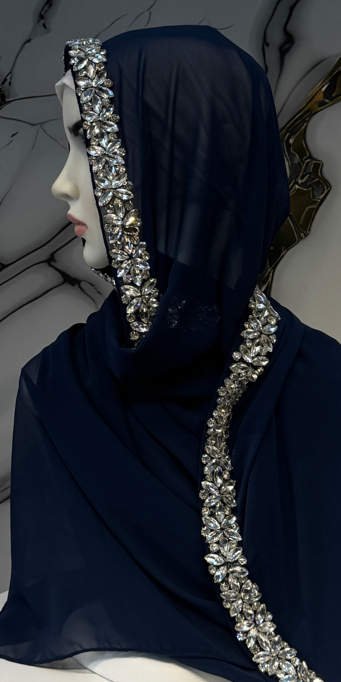 Beyaz Taşlı Lacivert Şifon Şal Emirati Abaya | ŞAL62 WSL