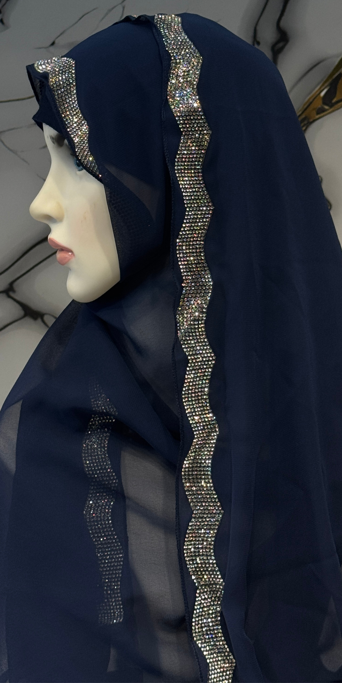 Beyaz Taşlı Lacivert Şifon Şal Emirati Abaya | ŞAL55 WSL