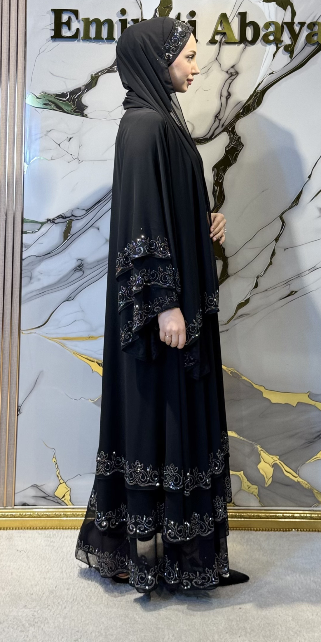 Hematit Taşlı 3 Katlı Siyah Şifon Abaya | LY47 HSB