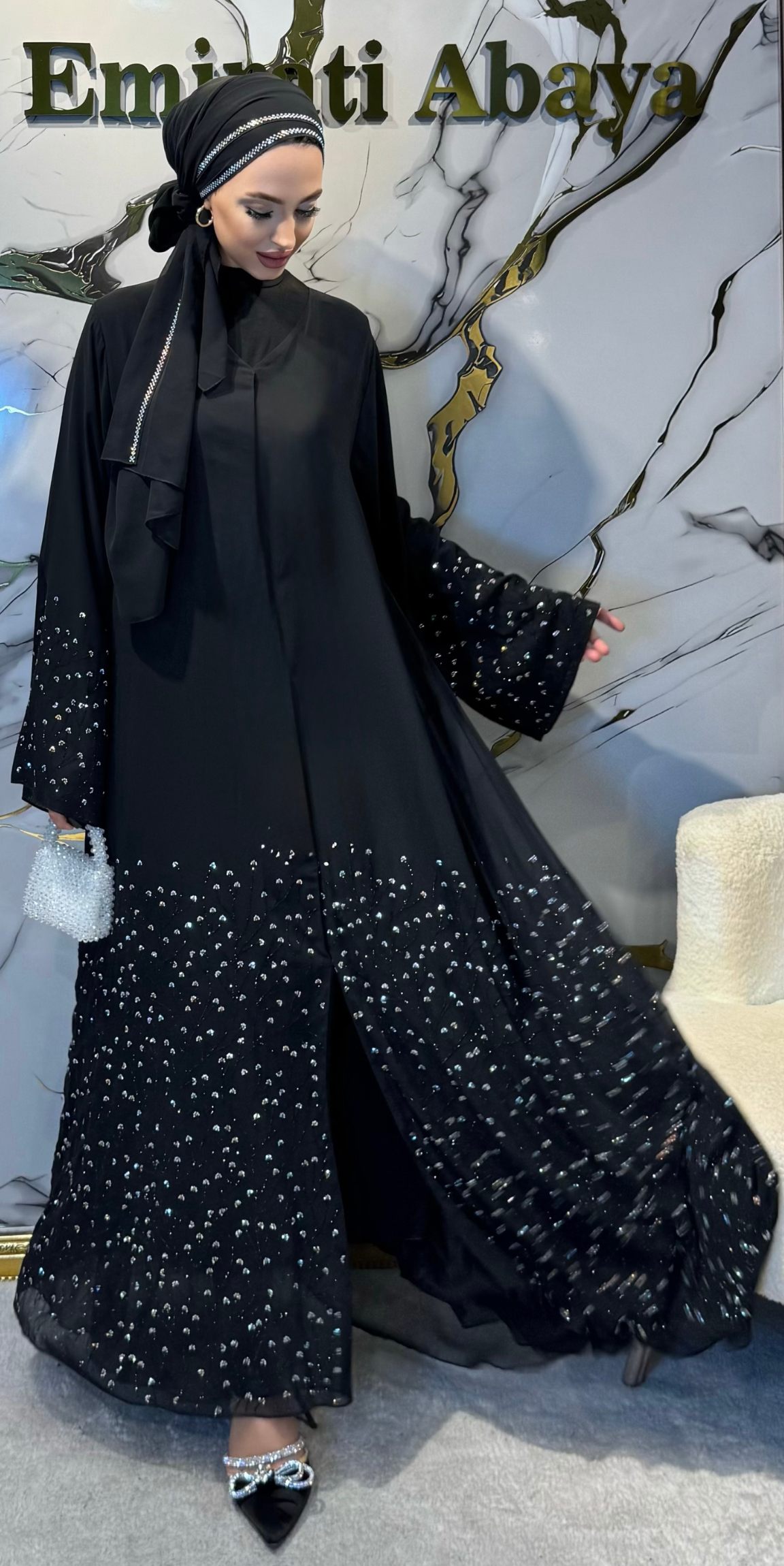 Etekleri Taşlı Papatya Çiçeği Motifli Siyah Şifon Abaya TM36 JSB