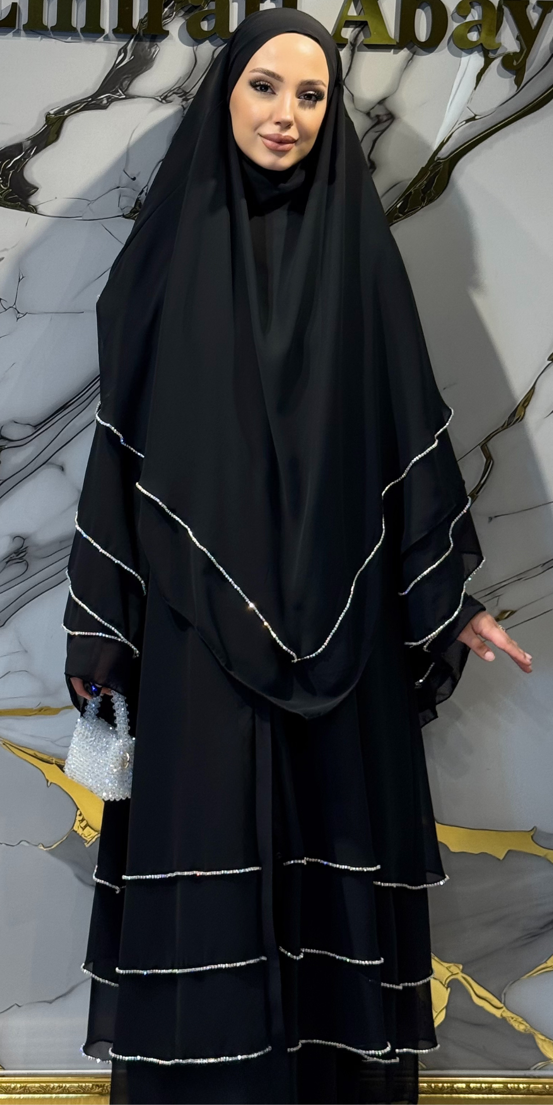 Beyaz Taş Şeritli 4 Katlı Siyah Şifon Abaya – Sufle ve Şal Takımı | RK012 WSB