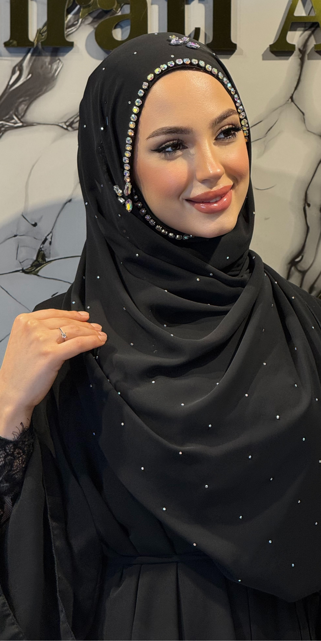 Face Frame Embellished Black Chiffon Scarf with White and JanJan Stones