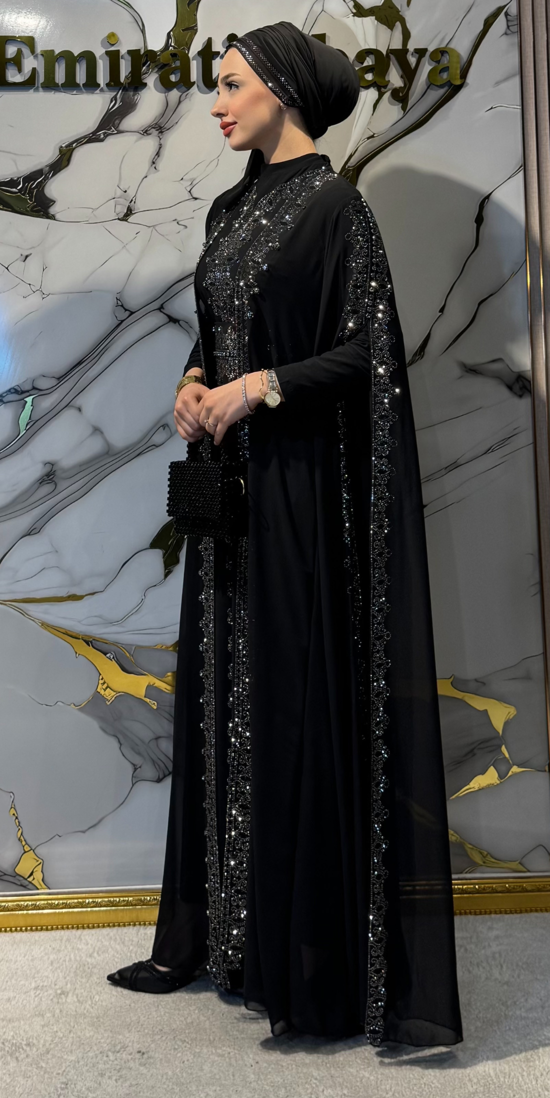 Hematit Taşlı Siyah Şifon Abaya Uzun Kollu | 4 Parça Takım