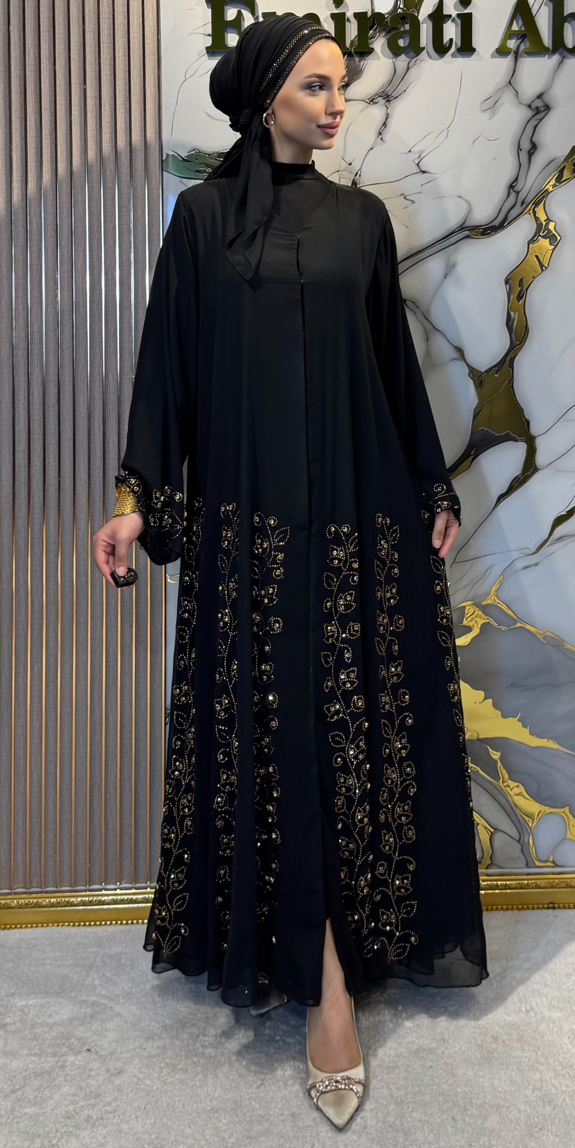 Lüks Altın Taşlı Siyah Şifon Abaya - Çiçek Desenli Özel Tasarım TM93 GSB