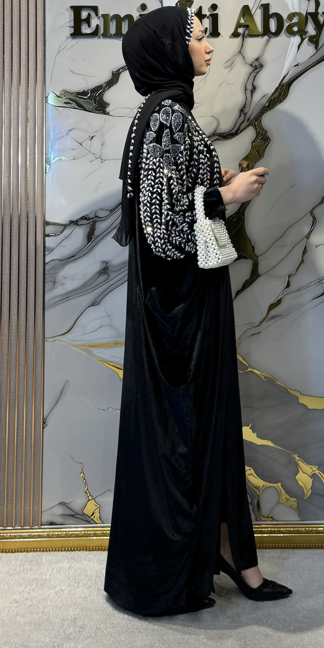 Black Velvet Abaya with Pearl and Swarovski Crystal Embellished Shoulders - Handcrafted Luxury Model M46 VELVET
