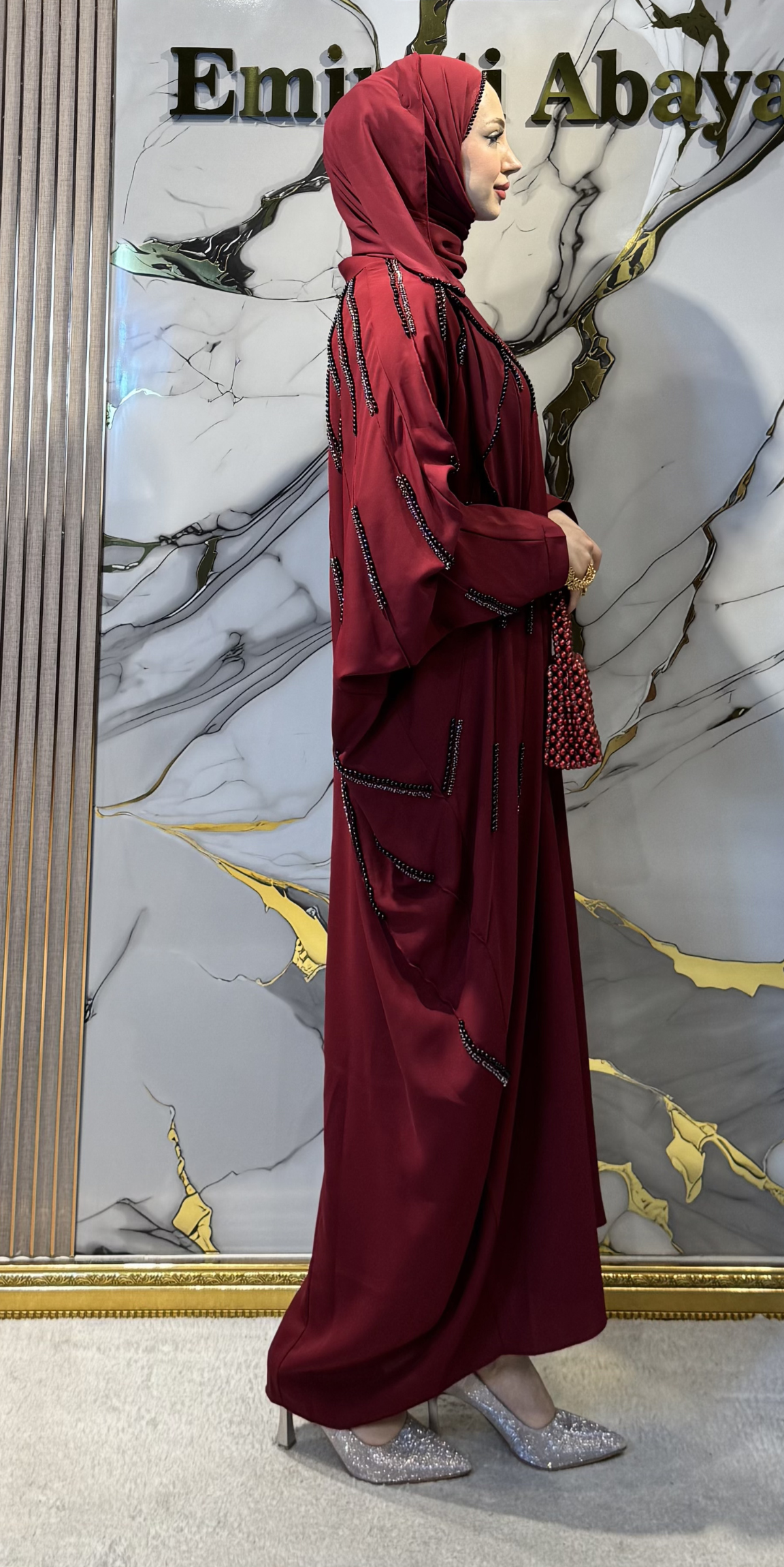 Front Embellished with Pearls and Black Stones Chiffon Burgundy Abaya - Elegant and Stylish Model TM089 C BURGUNDY BS