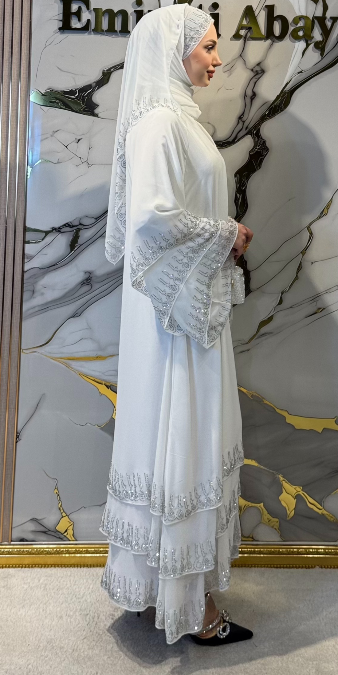 Etek Uçları Swarovski Taşlı Beyaz Abaya TM07 WSW