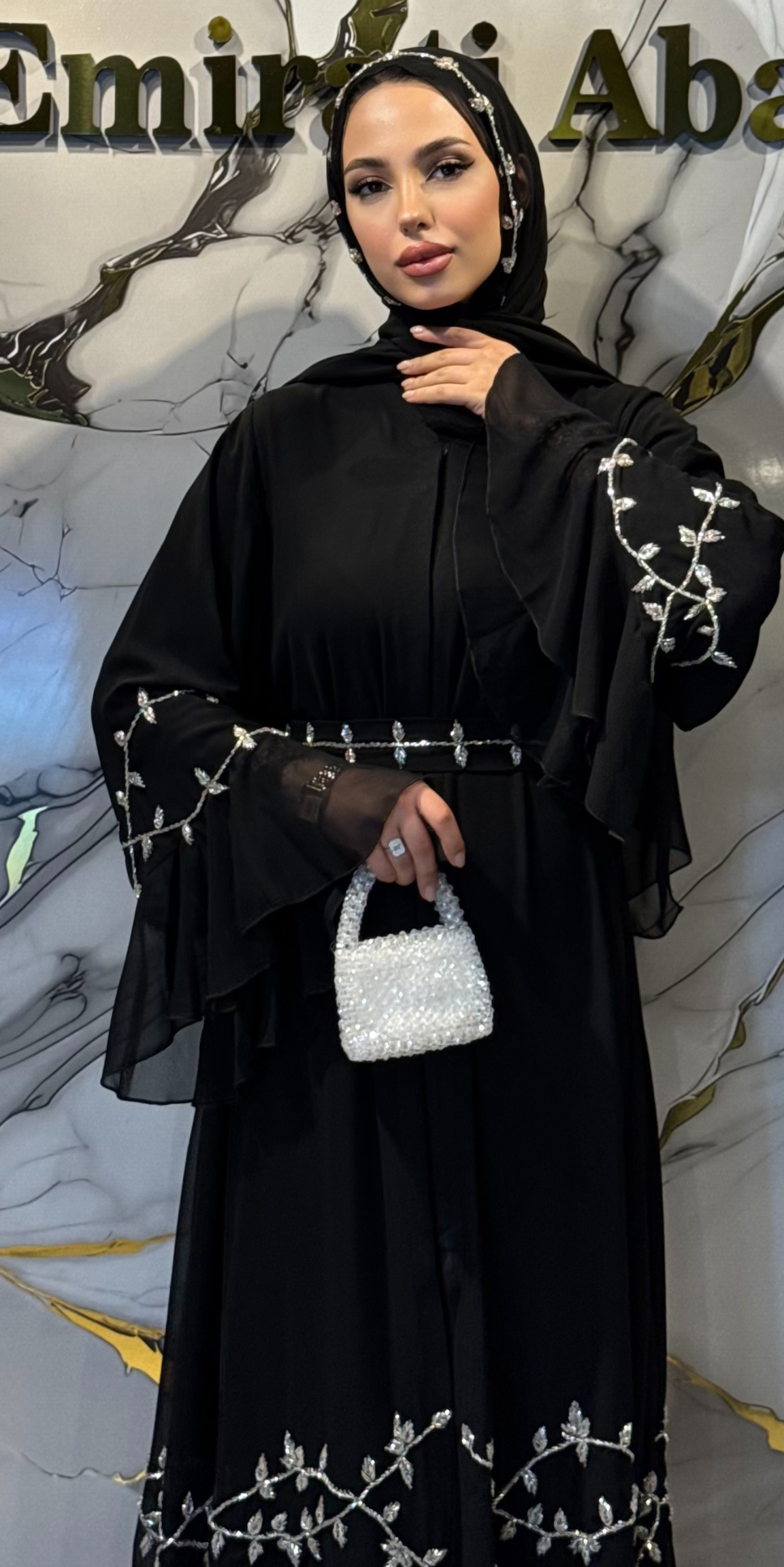 Handcrafted Swarovski Crystal Embellished Korean Chiffon Dubai Style Black Abaya