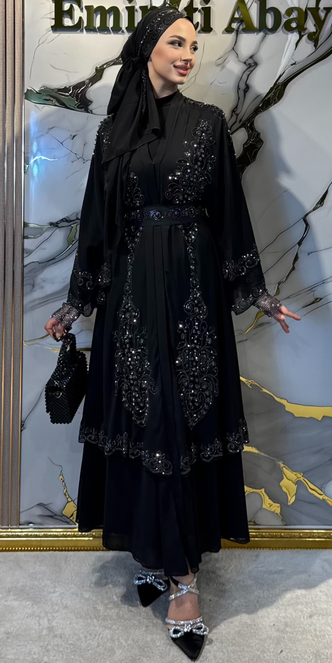 Lüks Çift Katlı Şifon Hematit Taş İşlemeli Abaya LY14 HSB