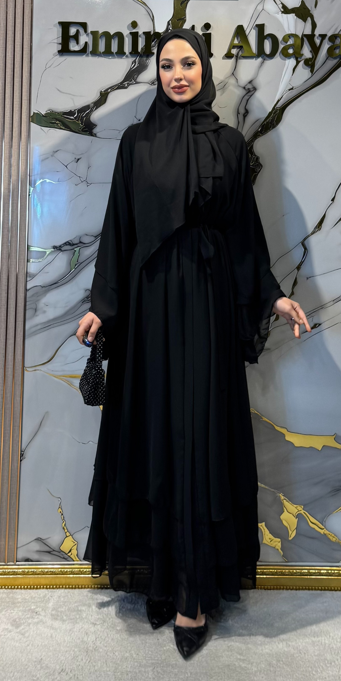 Swarovski Taşlı Üç Katlı Şifon Abaya RK011 BSB - 3 Parça Set (Şal ve Kemer Dahil)