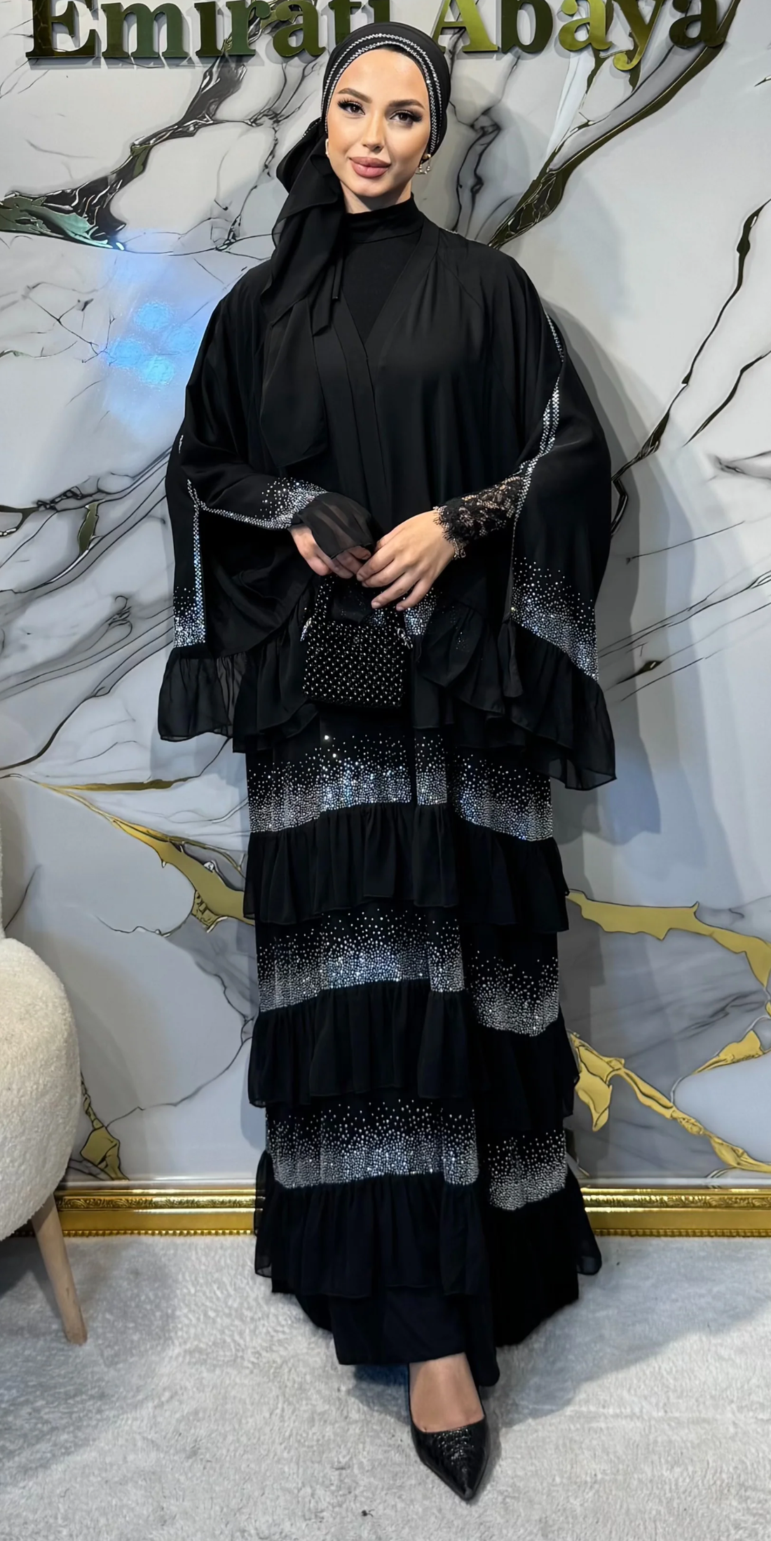 Four-Layer Set with White Stones and Black Dubai Fabric | WS05 WSB