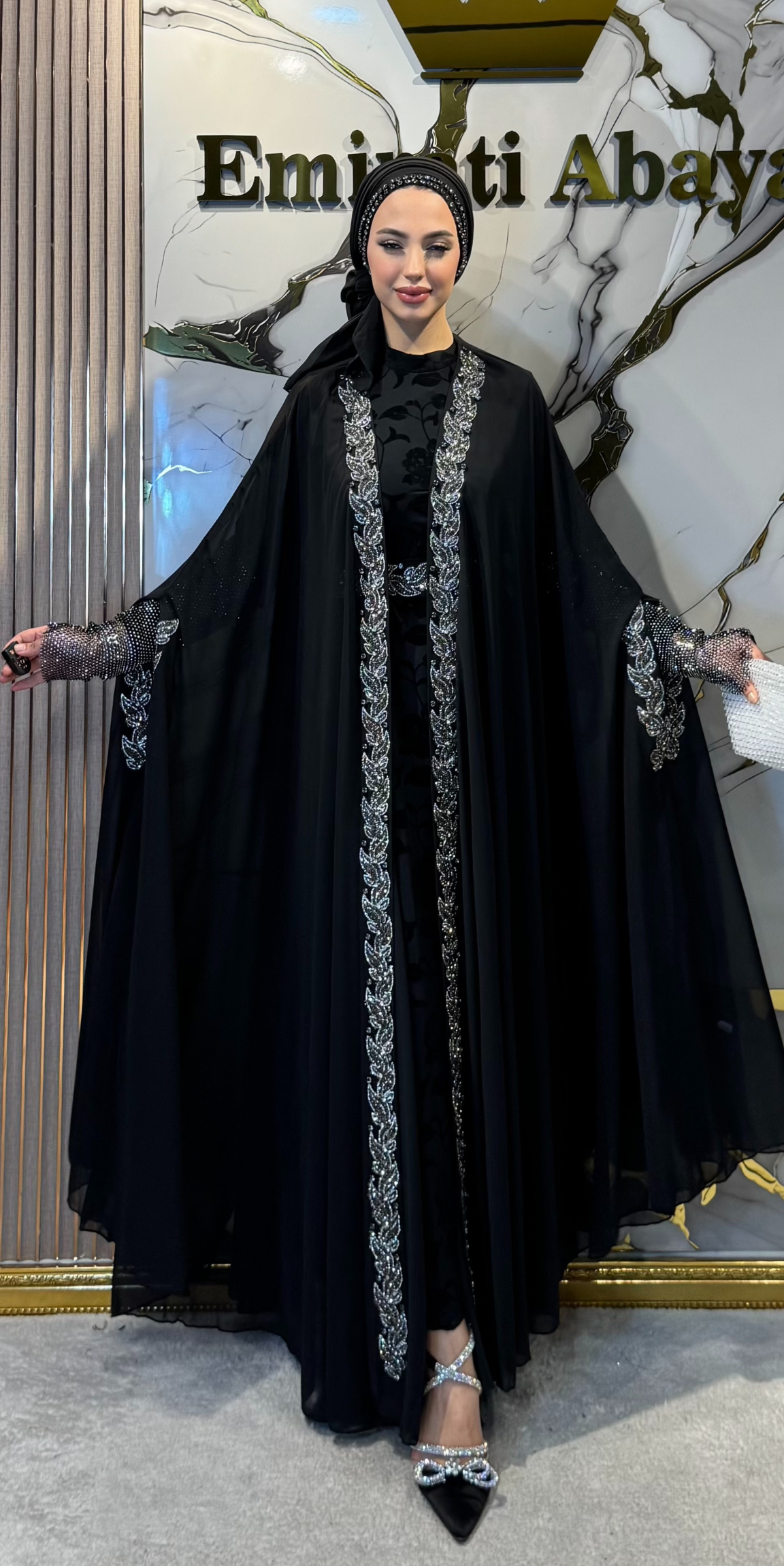 Dubai Stil Hematit Taşlı Siyah Kore Şifon Abaya LY42 HSB - 4 Parça Lüks Set (Şal, Kemer ve Flok İçlik Dahil)