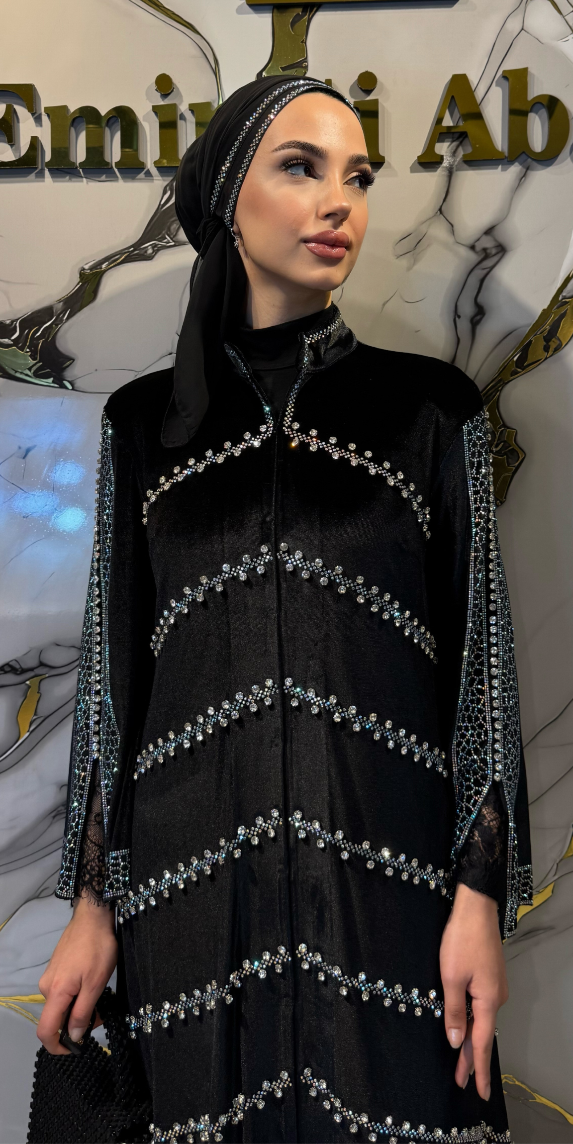 Jan Jan Taşlı Siyah Kadife Dubai Stil Abiye | WS15 JSVB