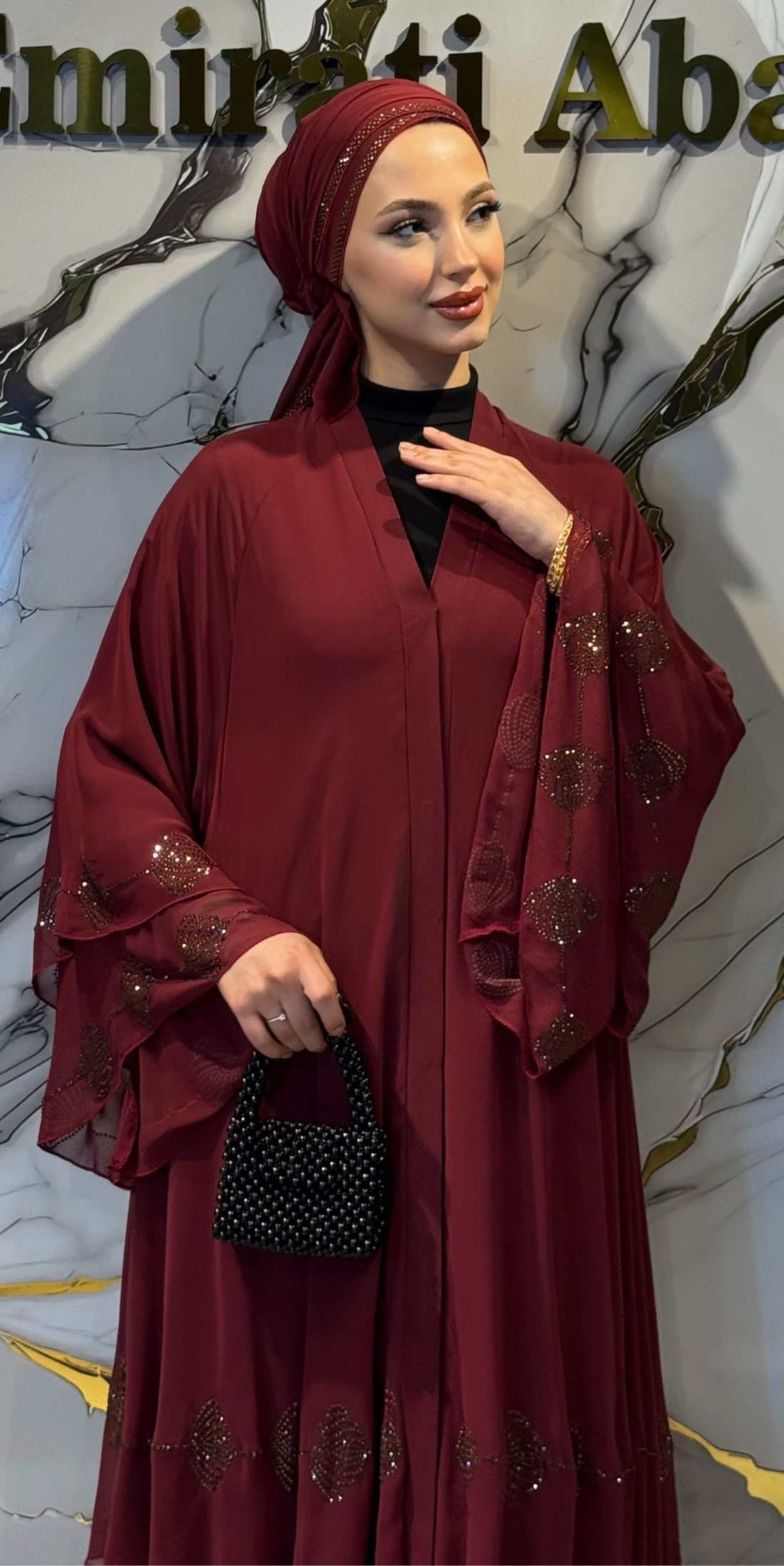 Three-Layer Chiffon Abaya with Gold Floral Hem in Burgundy | TM33 GS BORDEAUX