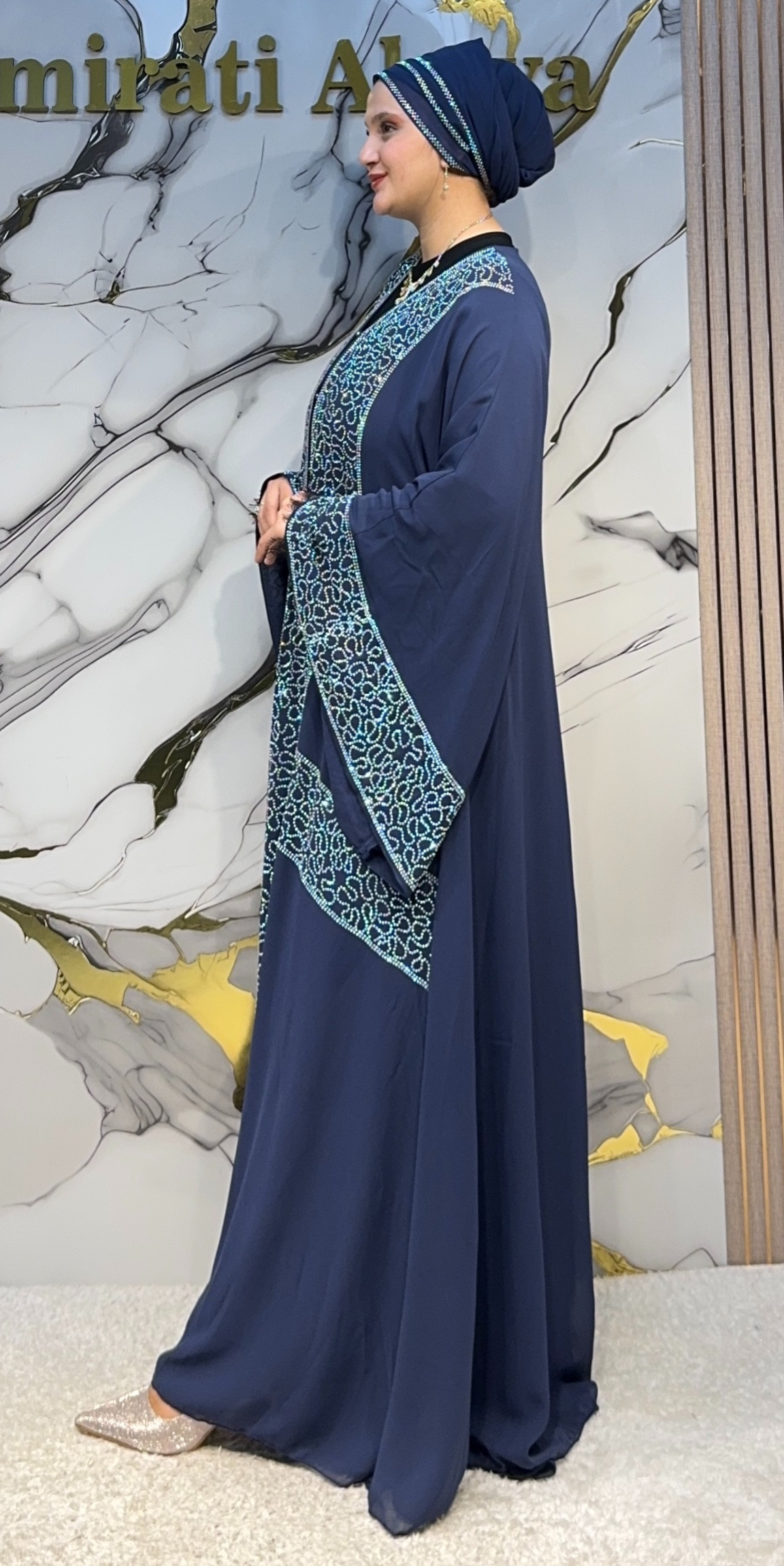 Janjanlı Panelli Lacivert Şifon Abaya | LY77 JSL