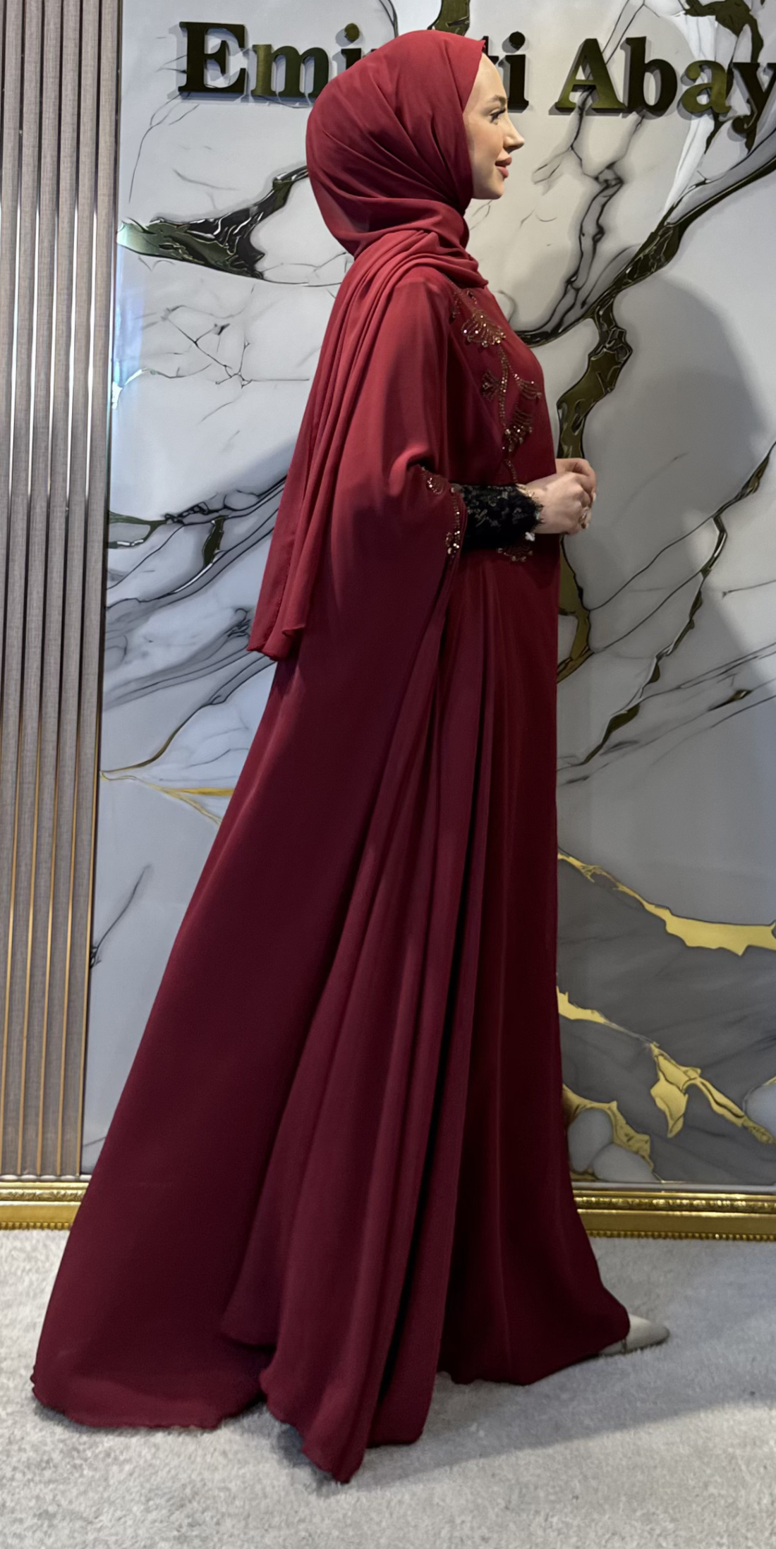 Stone Embellished Flower Patterned Burgundy Kaftan - Elegant and Stylish Model WS02 BURGUNDY