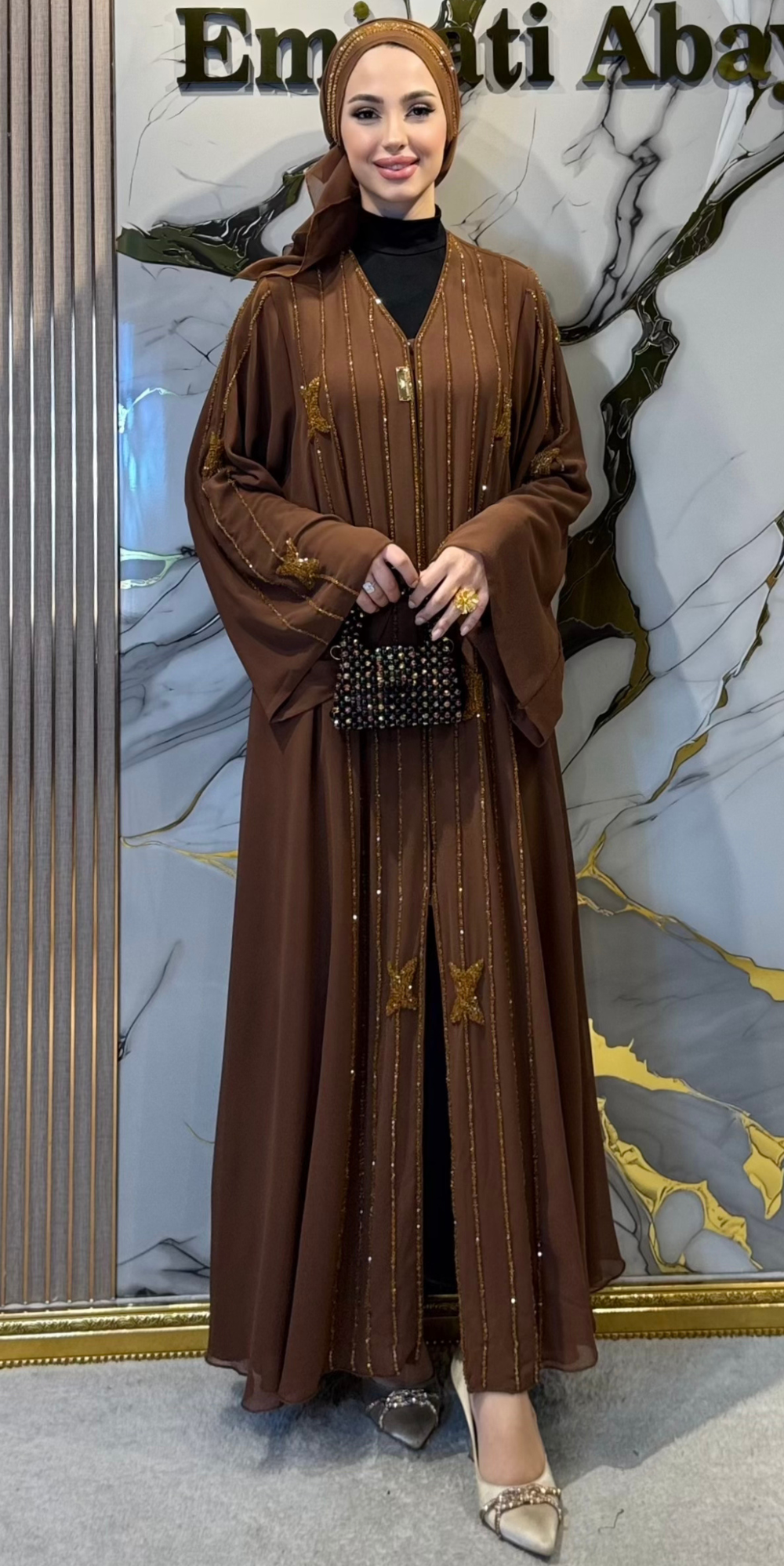 Lüks Altın Swarovski Taşlı El Yapımı Dubai Stil Abaya EF0010 GSSK