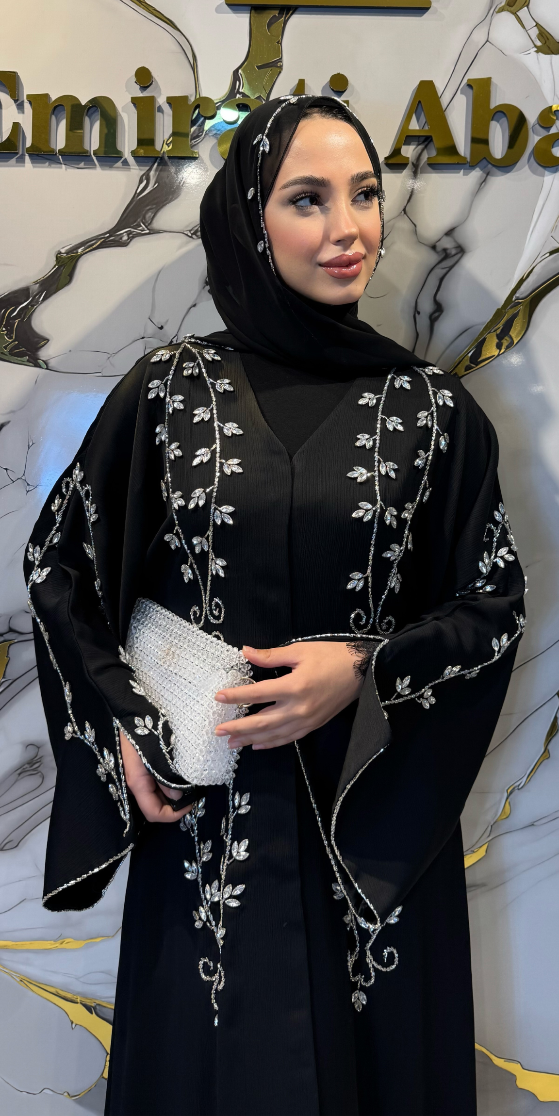 Handmade Dubai Style Black Abaya with Swarovski Crystals