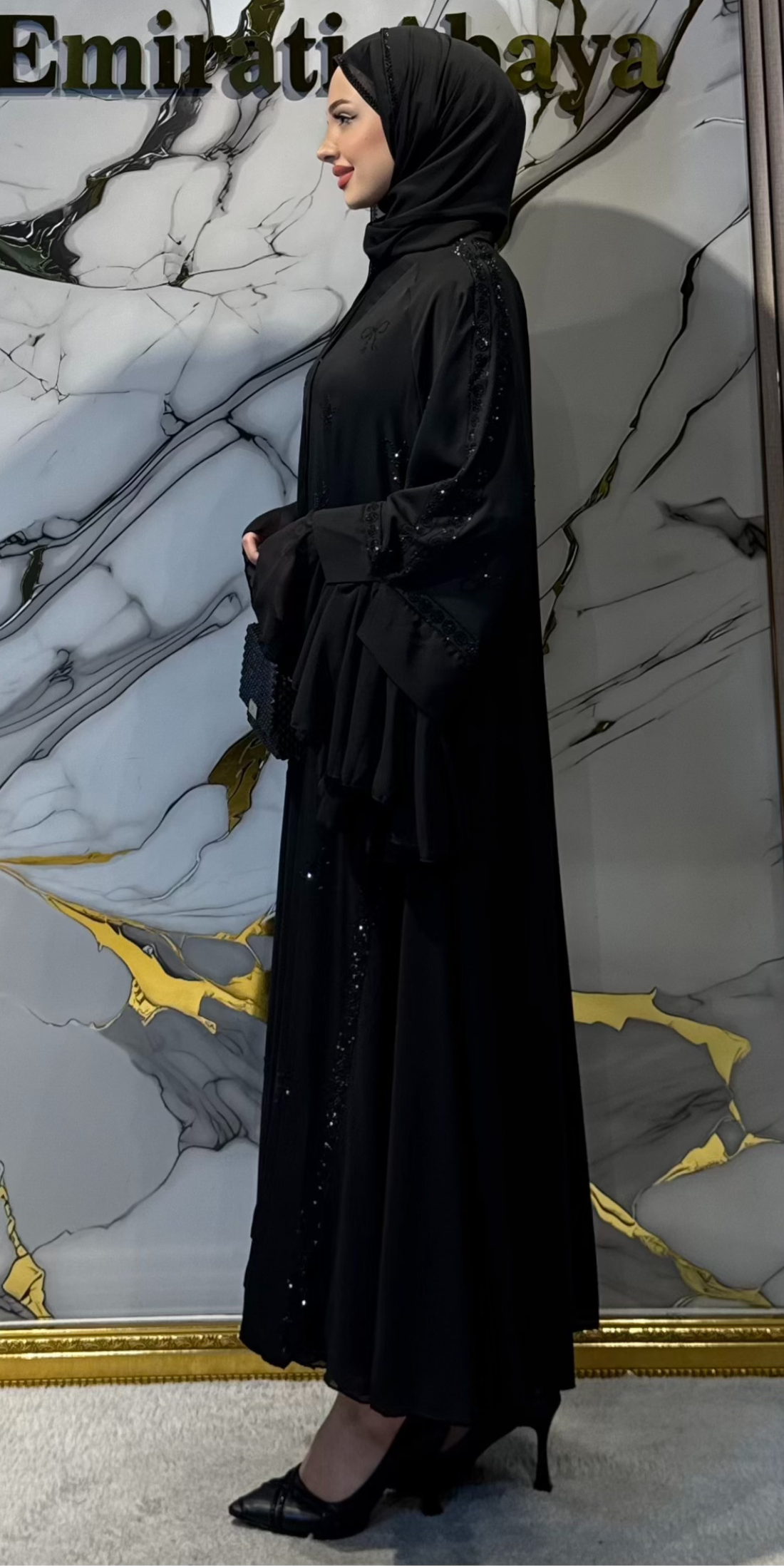 Lüks Kelebek Taş Desenli Siyah Şifon ve Dubai Kumaş Abaya - Şal Dahil WS68 BSB