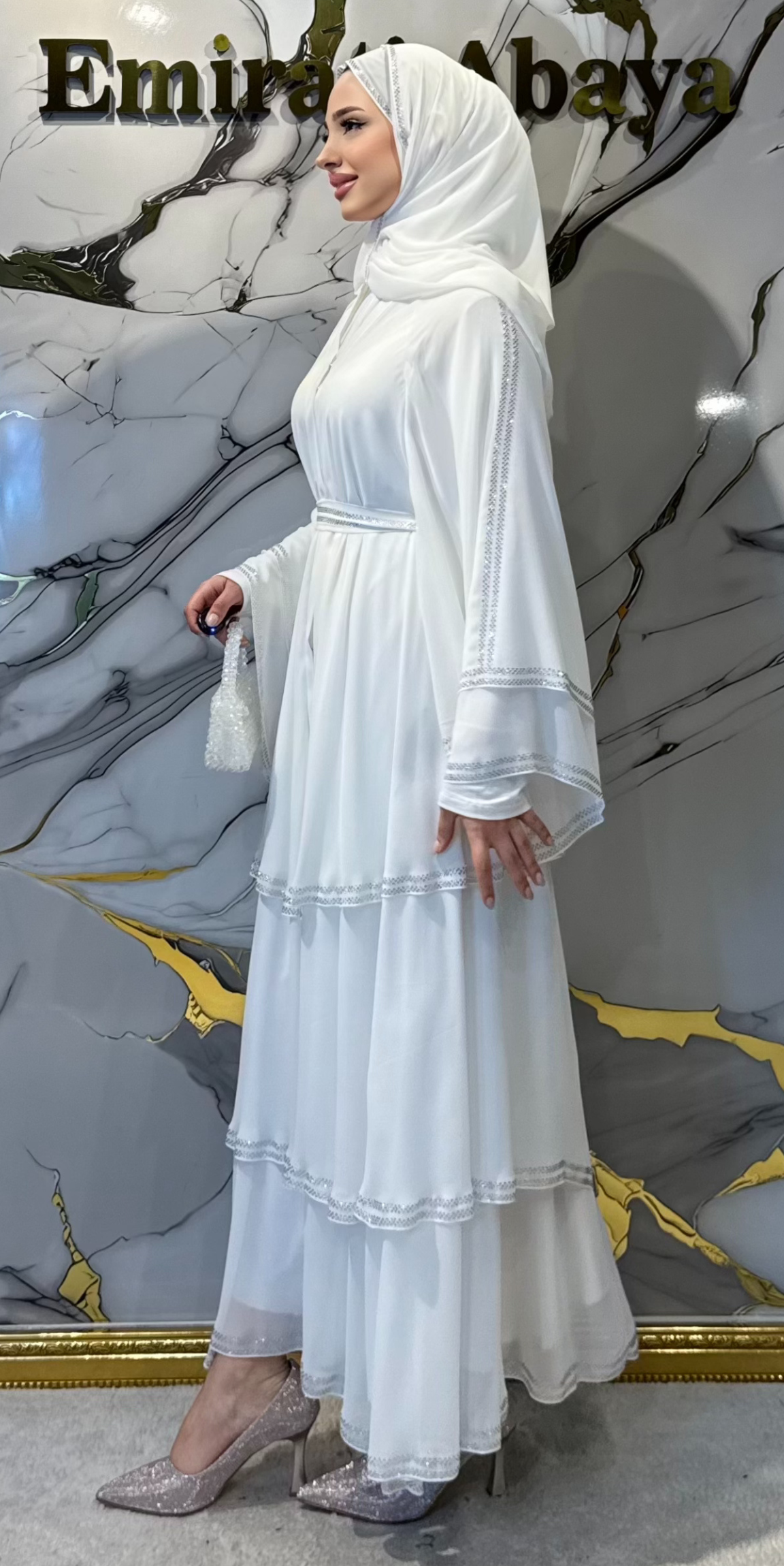 Lüks Beyaz Swarovski Taşlı Üç Katlı Kore Şifon Abaya
