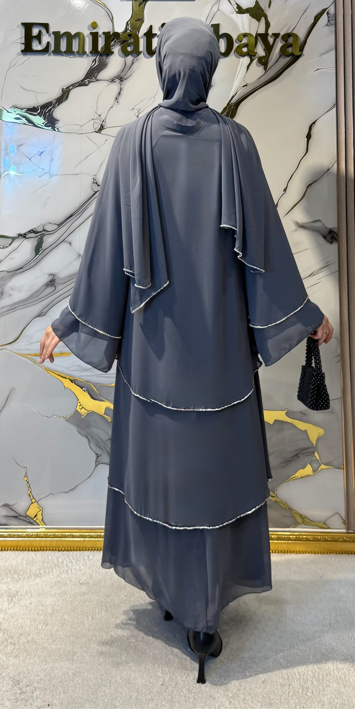 Üç Katlı Swarovski Taşlı Gri Abaya RK011 WSG - Katmanlı Zarif Model