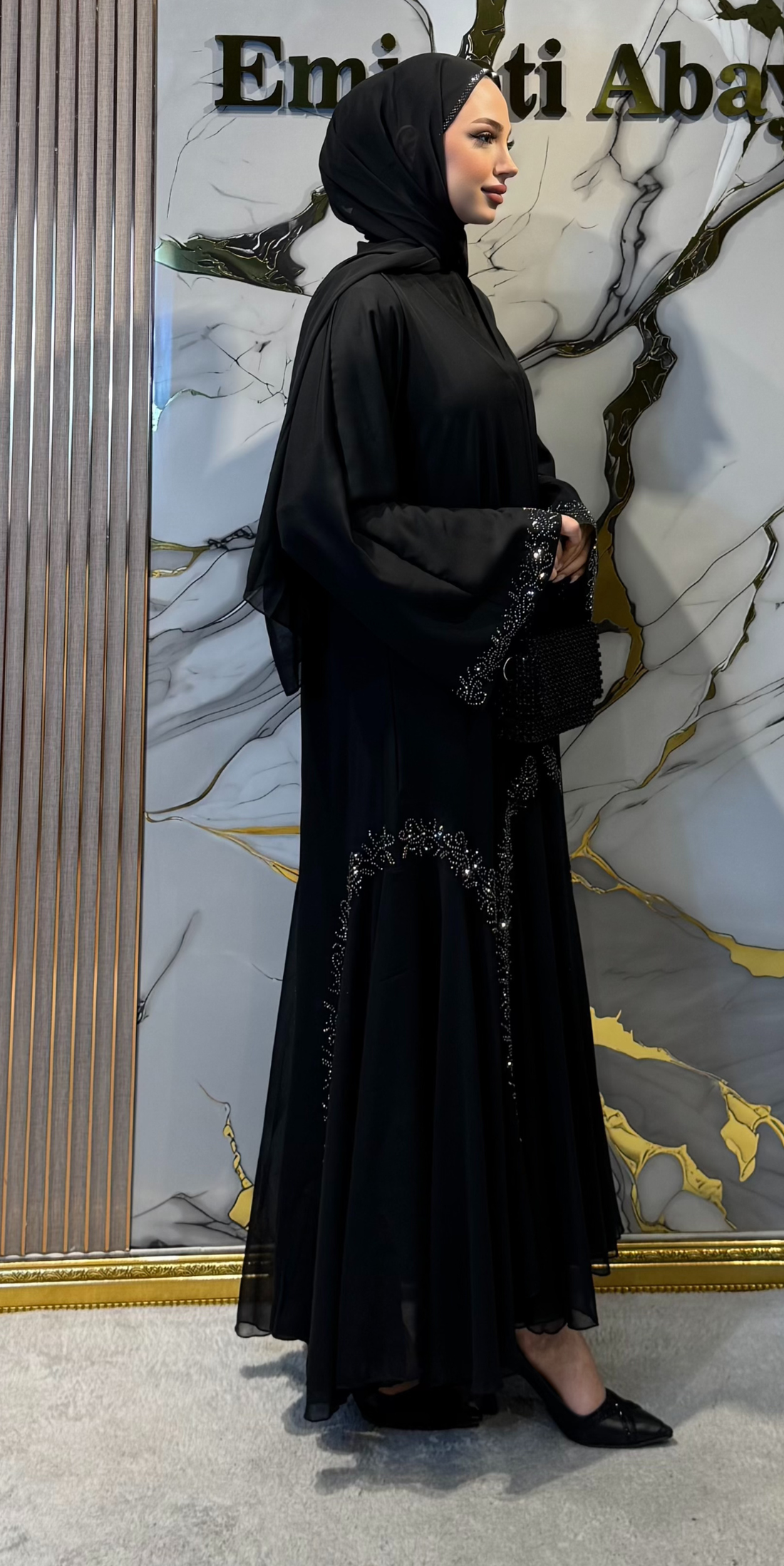 Hematite Stone Patterned Black Chiffon Abaya with Crystal Design | TM104 HSB