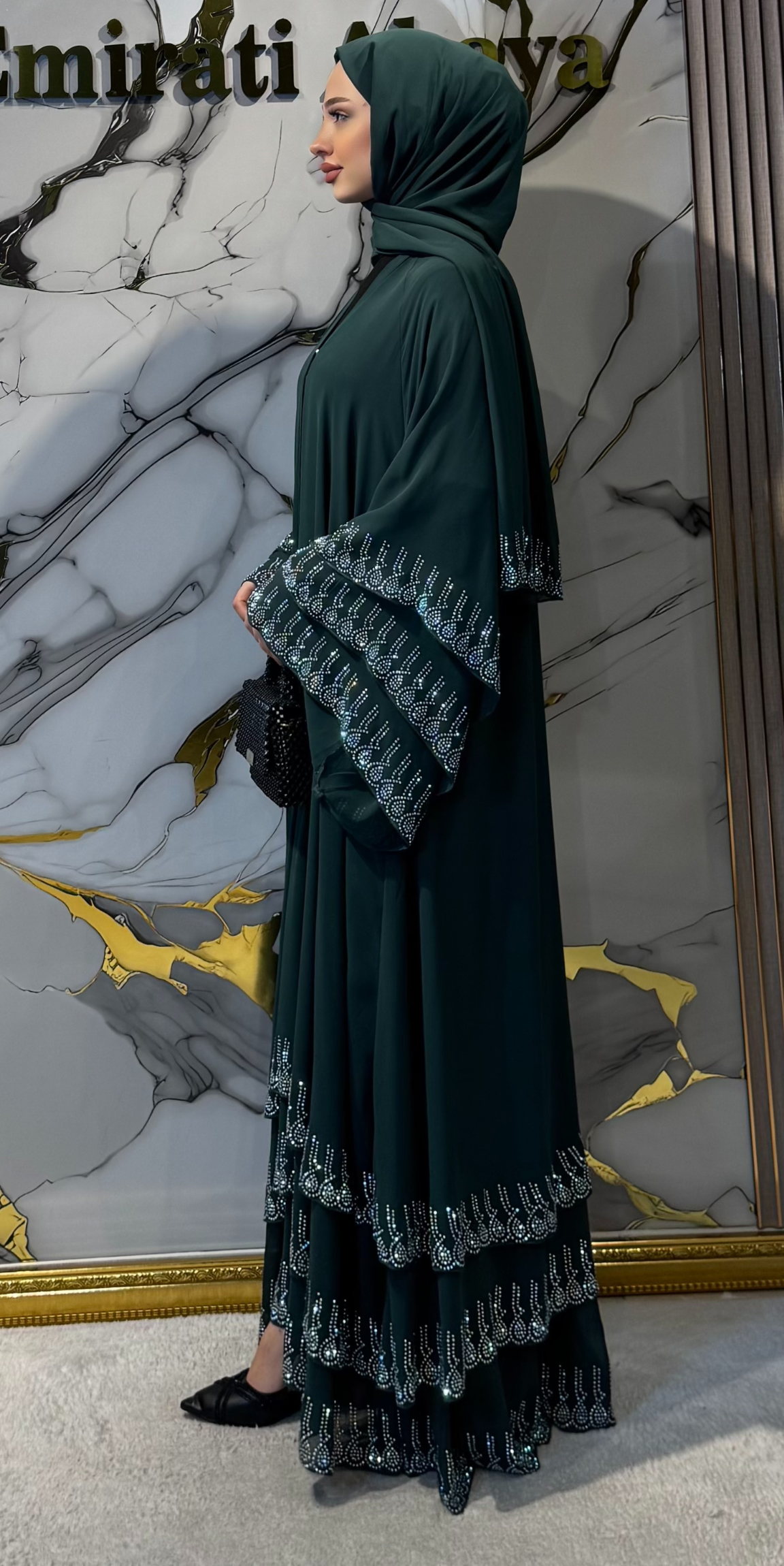 Etek Uçları Swarovski Taşlı Yeşil Abaya - Lüks Zarif Model TM07 JS YEŞİL