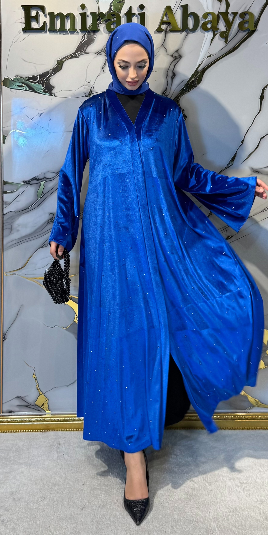 Serpiştirilmiş Taşlı Mavi Kadife Abaya Şal Dahil | TM63 VWSM