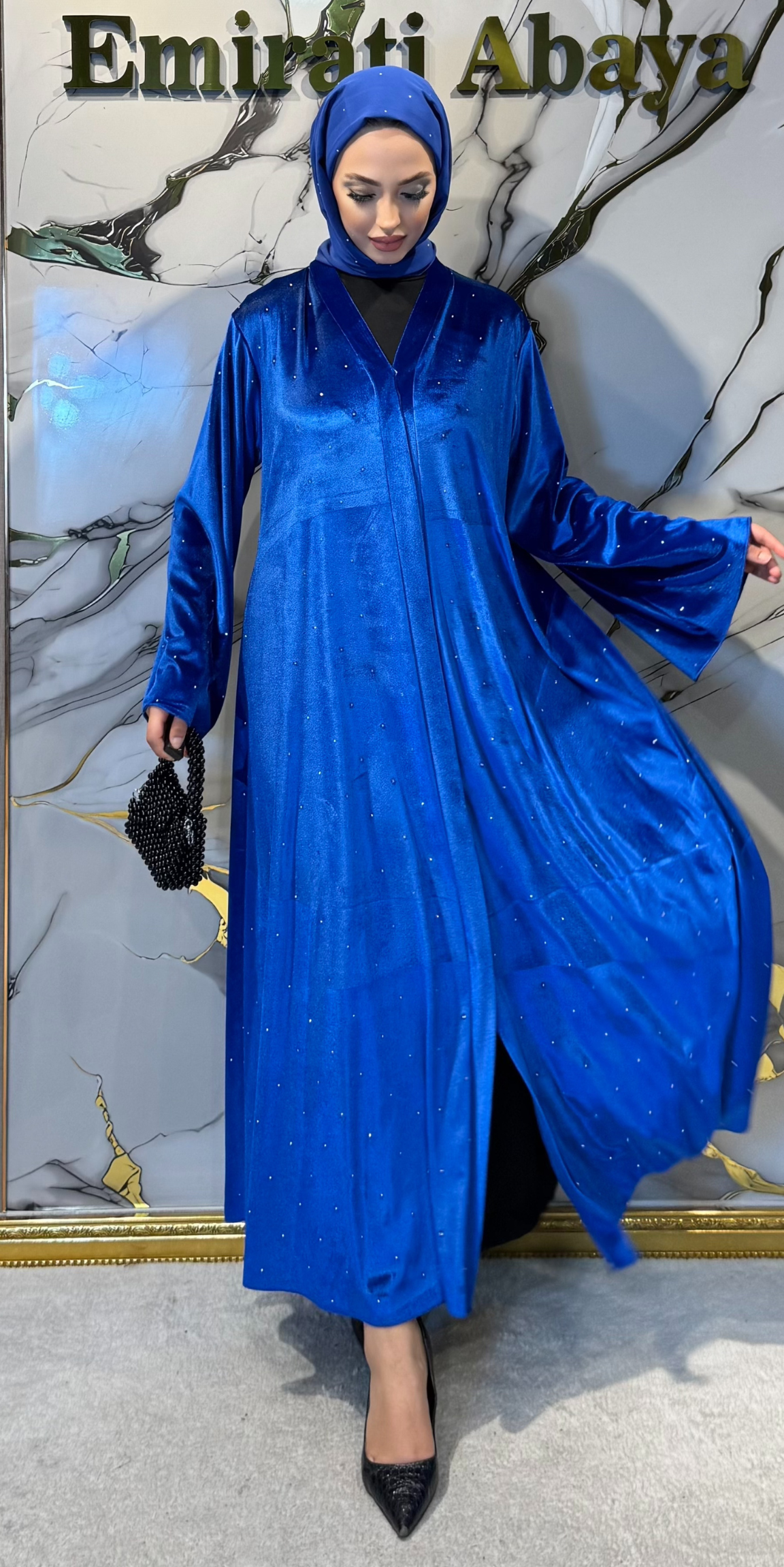 Serpiştirilmiş Taşlı Mavi Kadife Abaya Şal Dahil | TM63 VWSM