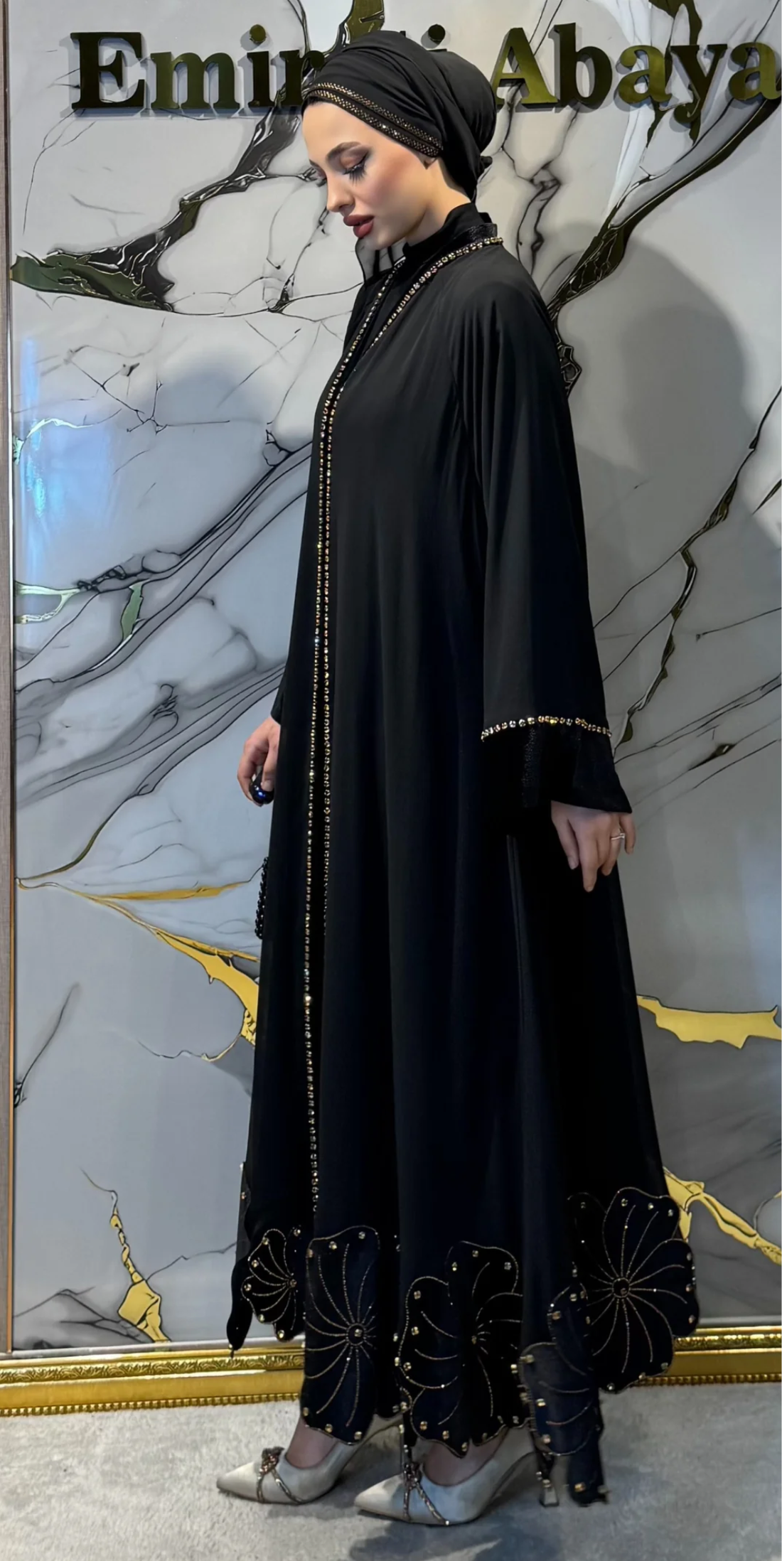 Chiffon and Velvet Combination Floral Patterned Abaya with Gold Stones | WS60 GSB
