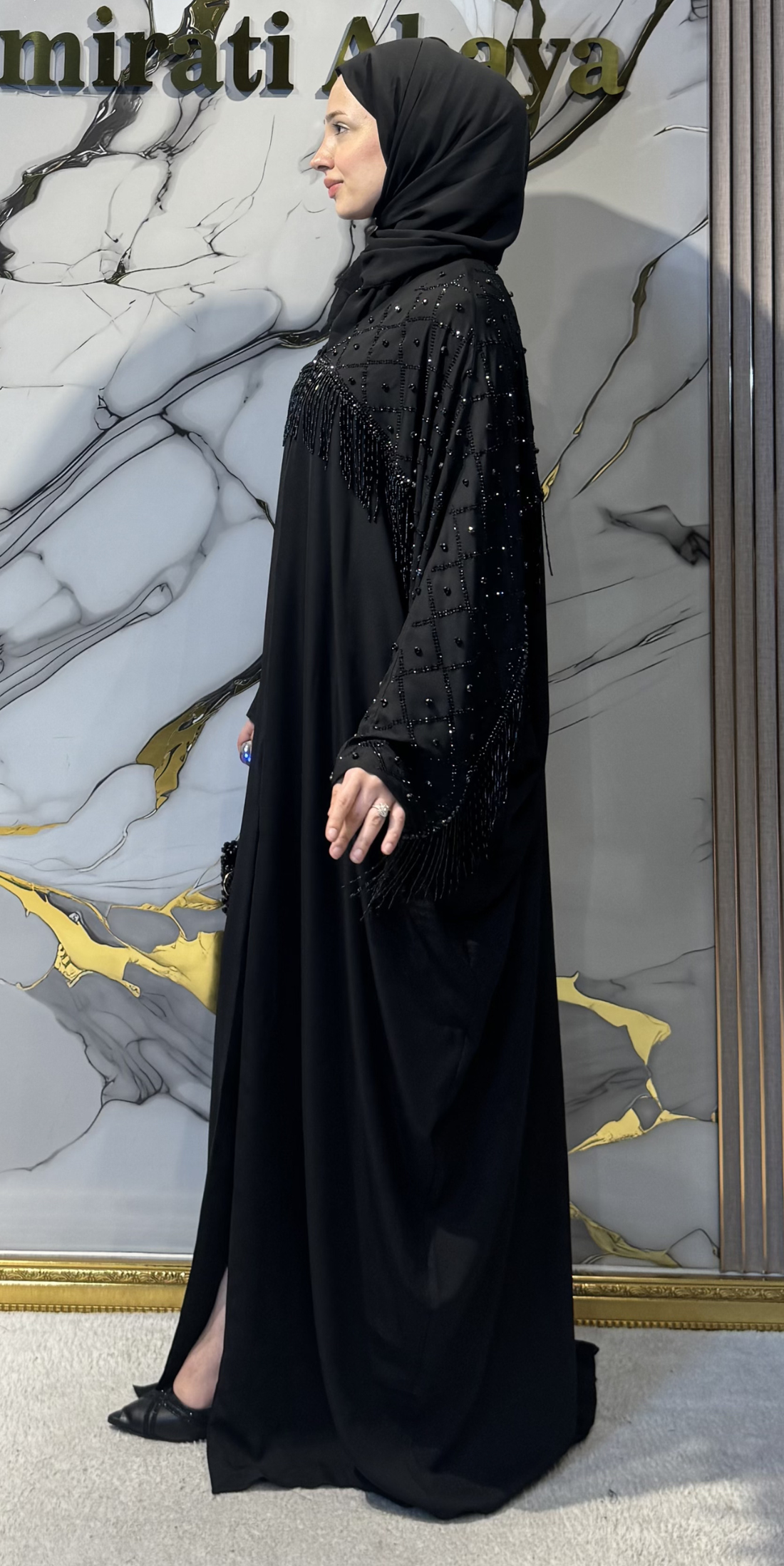 Siyah Taş İşlemeli Yarasa Kol Abaya TM80 BSB
