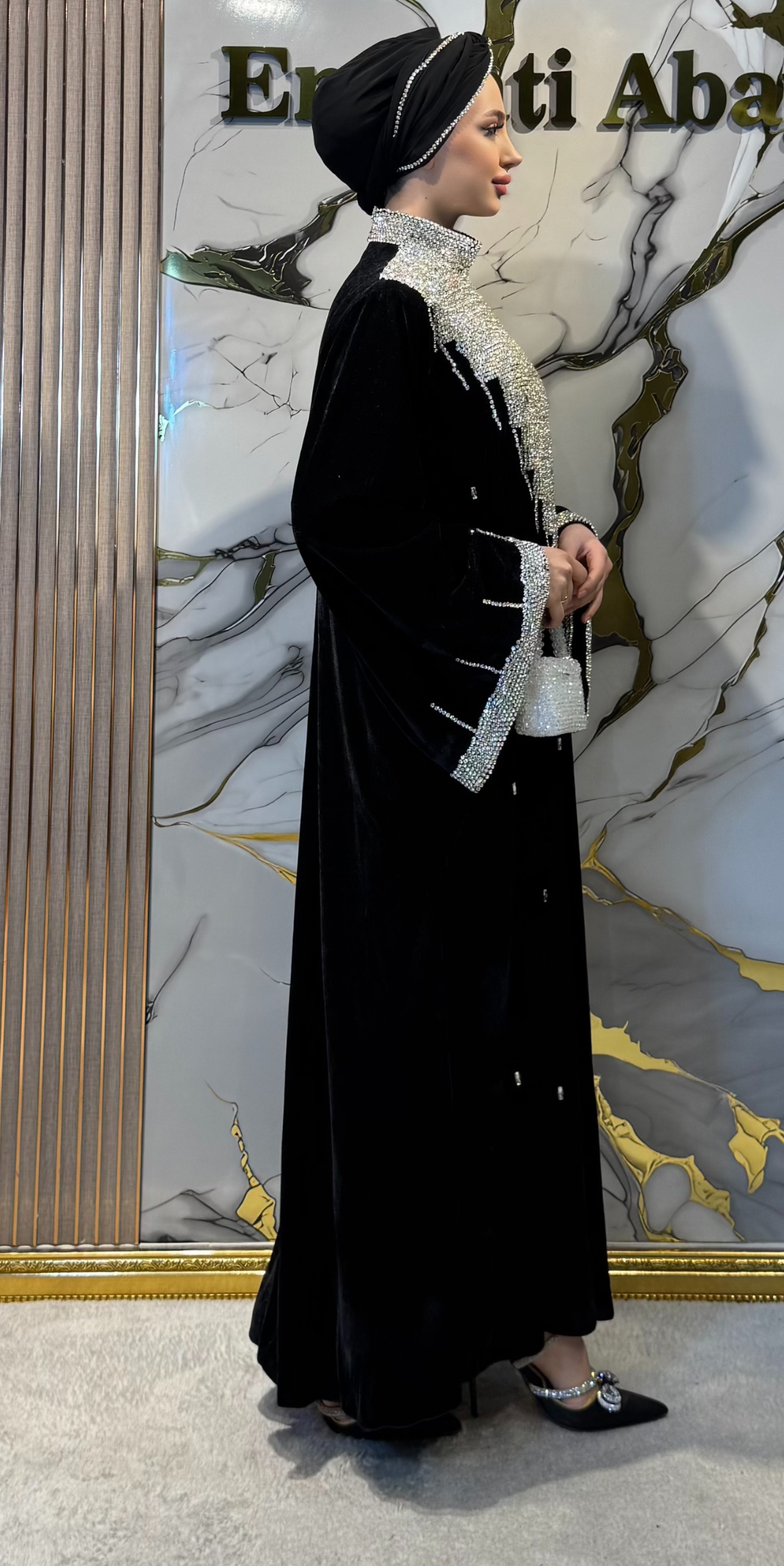 Handmade Black Velvet Abaya with White Stones and Tassels | EF0026 WSVB