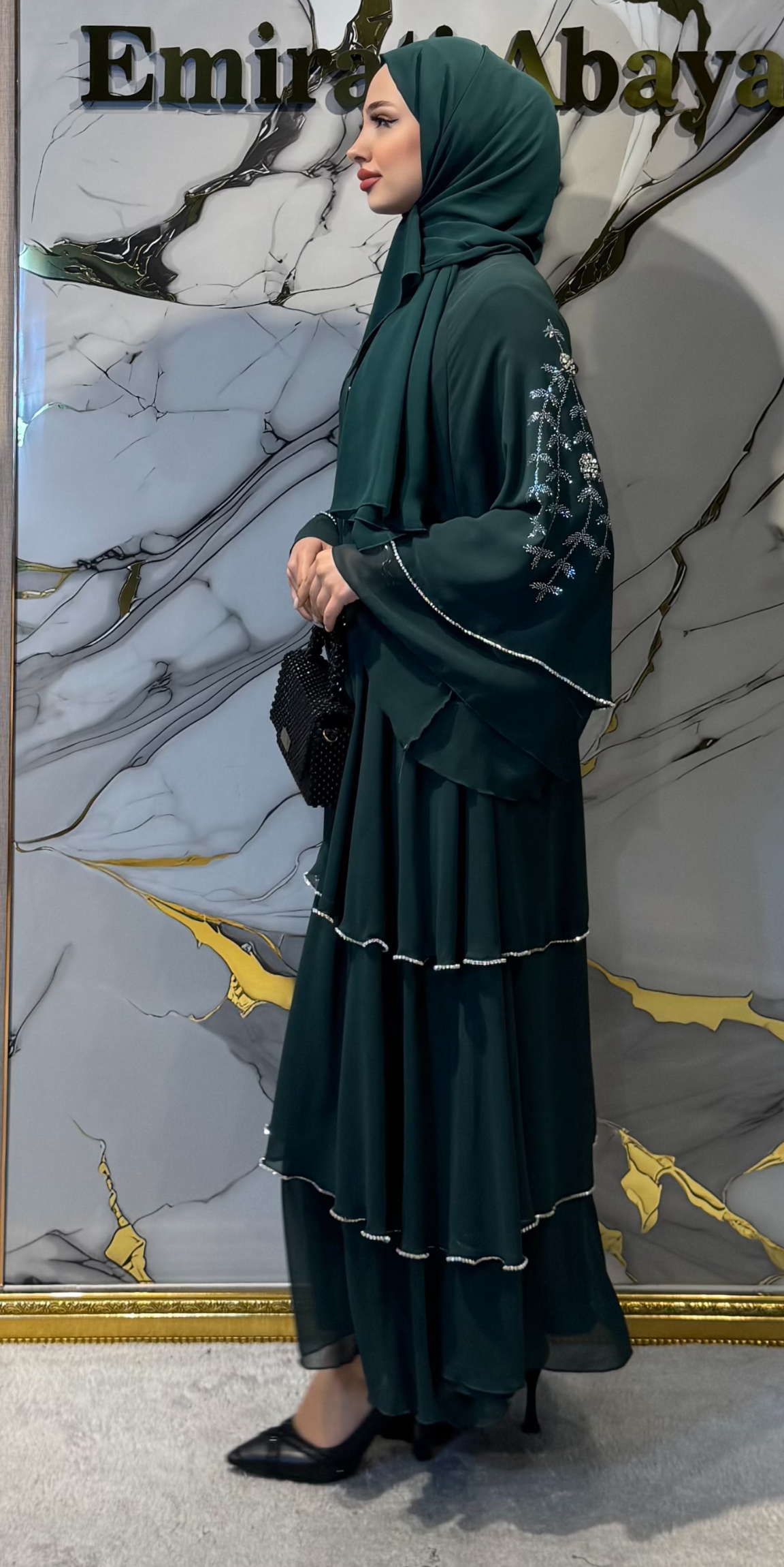 Omuzları Swarovski Desenli Yeşil Abaya | RK011 BARBIE