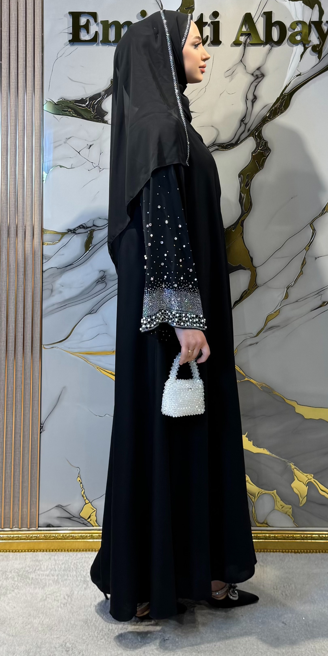 Kol Ucu İncili Swarovski Taşlı Abaya TM061