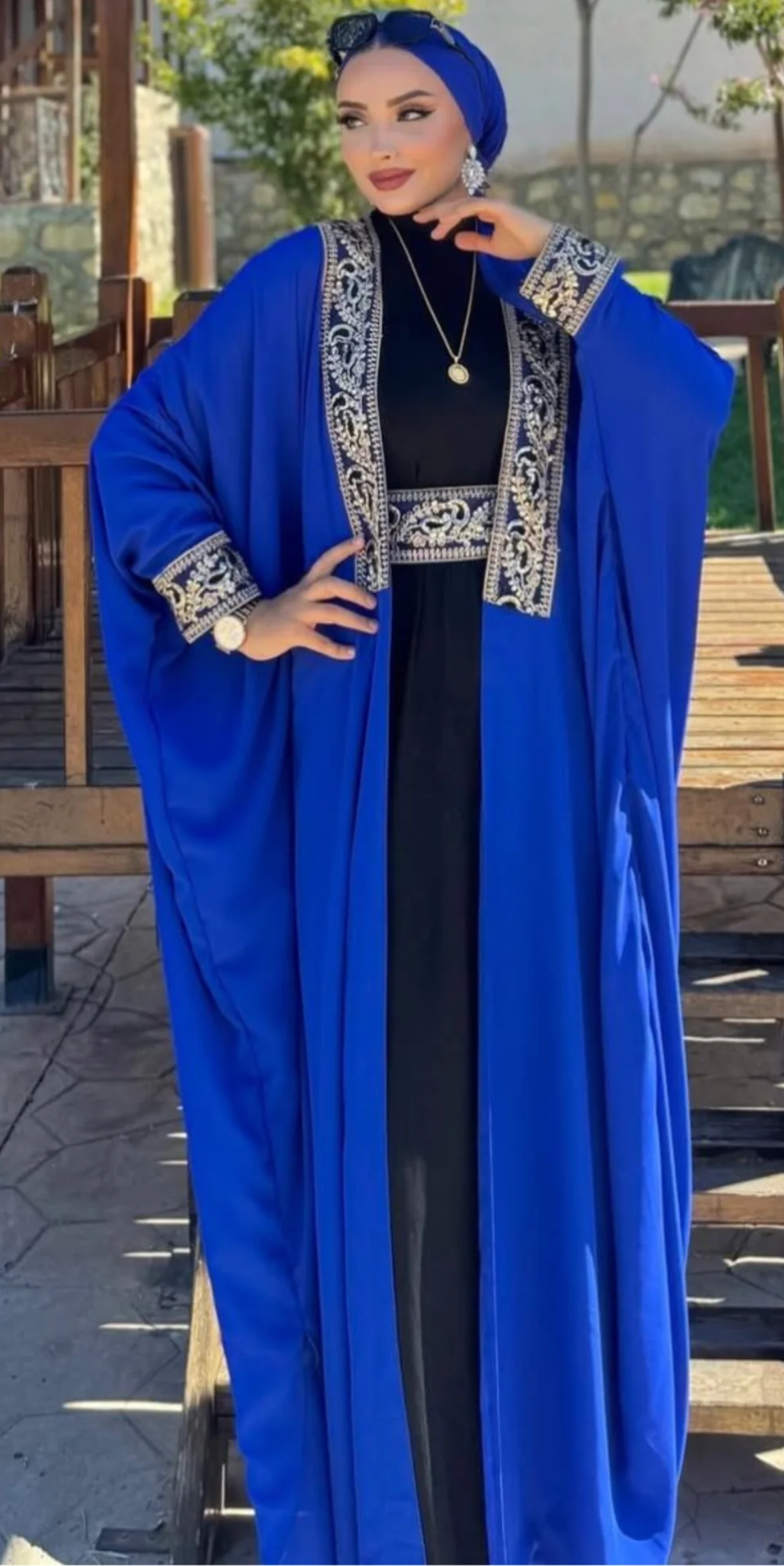 Black Traditional Abaya with Gold Pattern Front TM087 - 4-Piece Set (Includes Shawl, Belt and Inner Top)