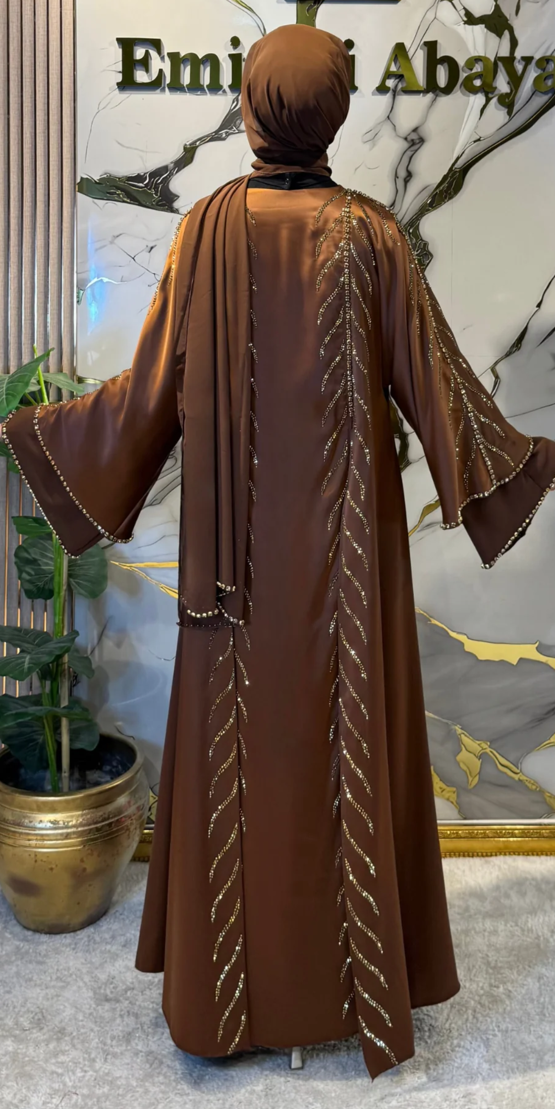 Zara Royal Gold Branched Front Slit Satin and Chiffon Abaya | LY41 GSK