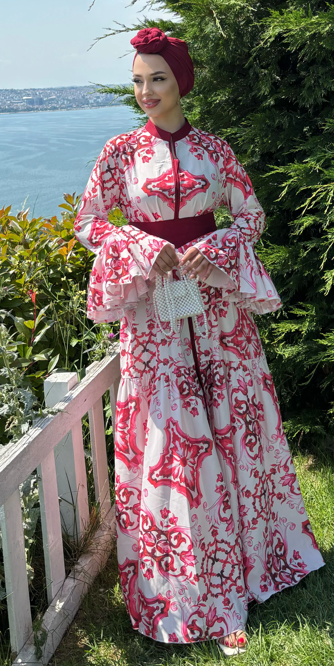 White and Burgundy Patterned Dubai Fabric Suit Set Including Belt | WS80 BURGUNDY