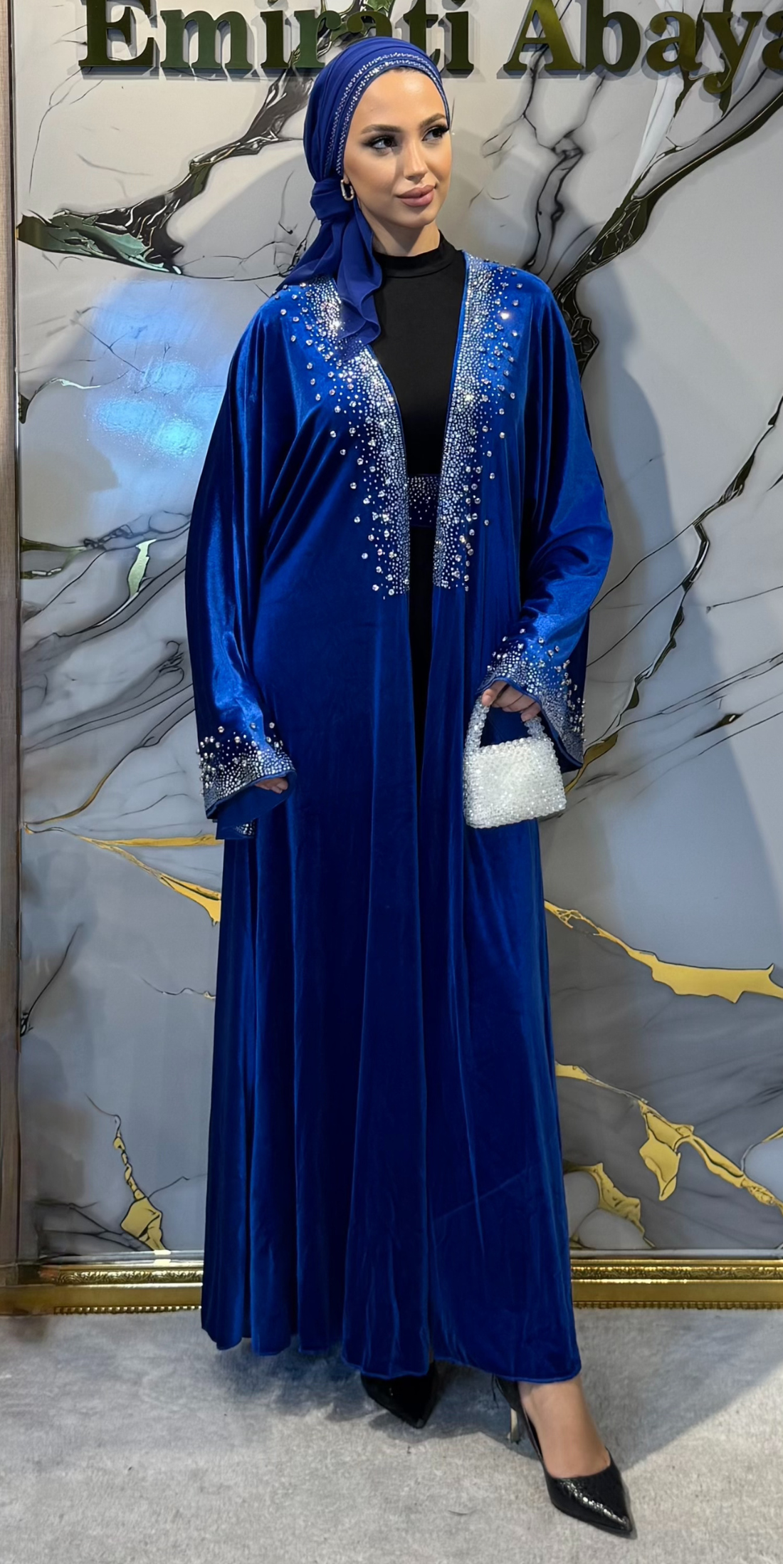 Elegant Blue Velvet Abaya with Crystal Embellishments - Shawl and Belt Included TM47 WSV BLUE