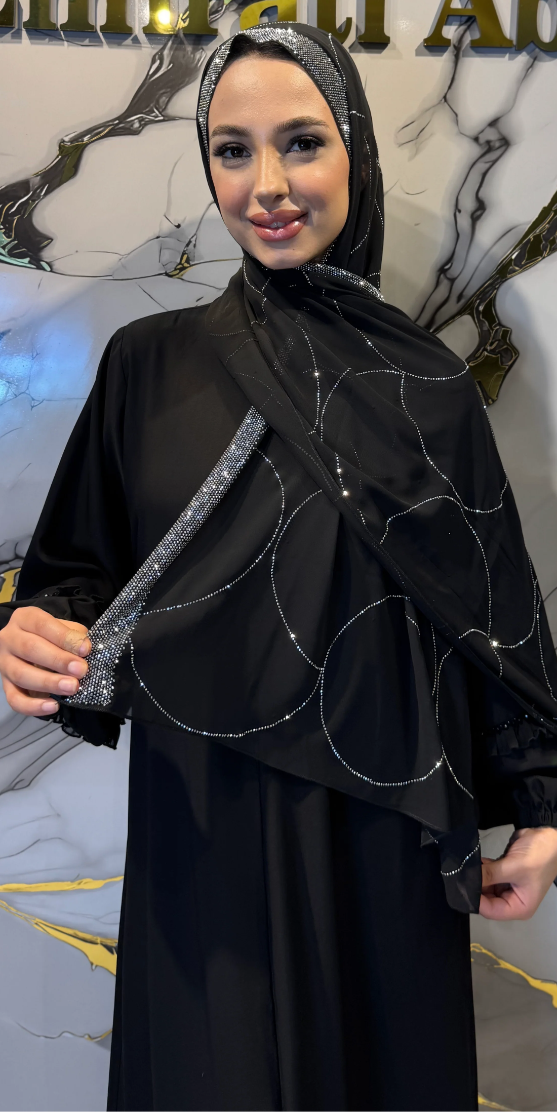 Crystal Flow Pattern Black Chiffon Scarf