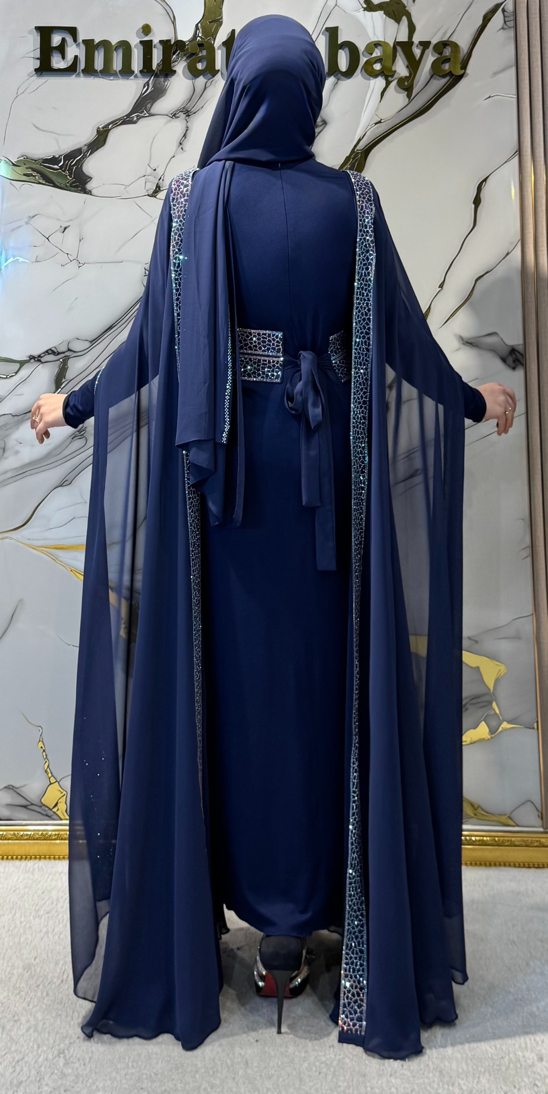 Işıltılı Taş Şeritli Yöresel Lacivert Şifon Abaya Takımı WS49 JS BLUE