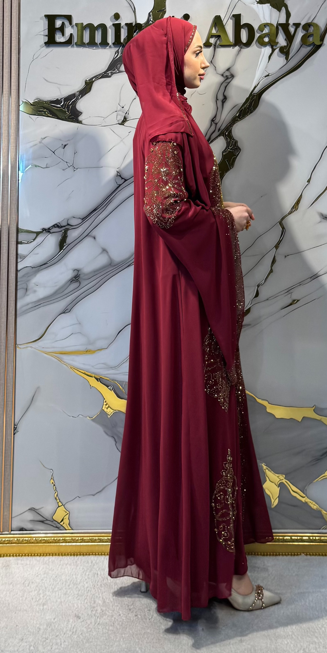 Premium Bordo Yöresel Abaya Takımı WS57 GS BORDO - 4 Parça Lüks Set (Altın Taşlı Kemer, Şal ve Sandy İçlik Dahil)