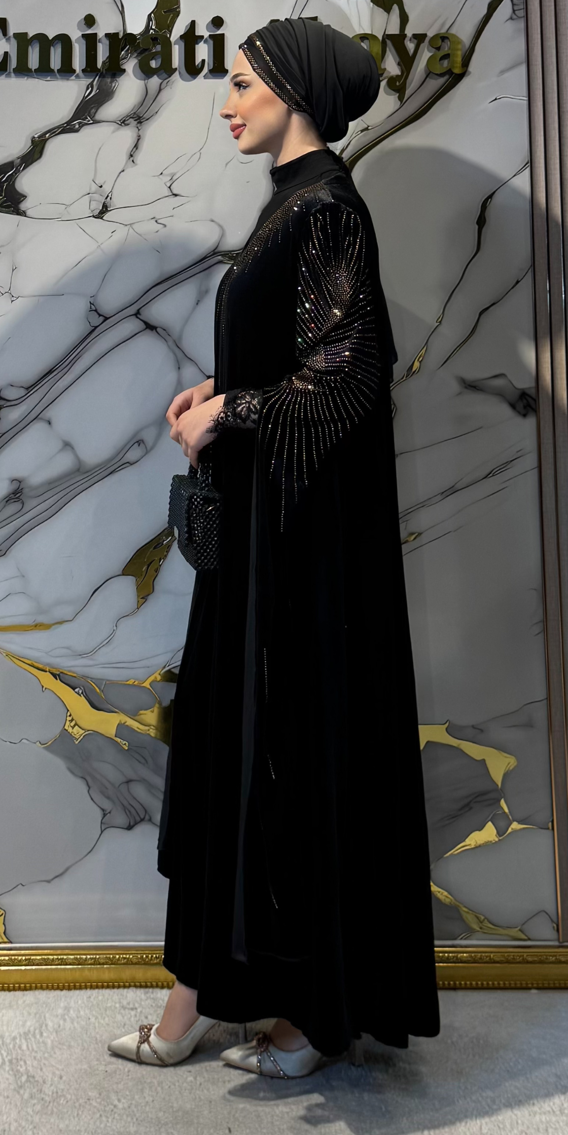 Black Velvet Evening Dress with Gold Embellishments - Long Sleeved, Sparkling Model TM82 GSVB
